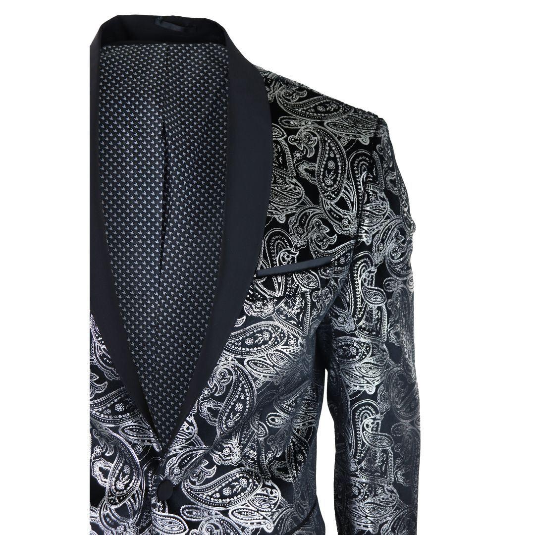 Mens Velvet Paisley Floral Blazer Black Gold Silver Tuxedo Jacket Dinner Suit Tux - Knighthood Store