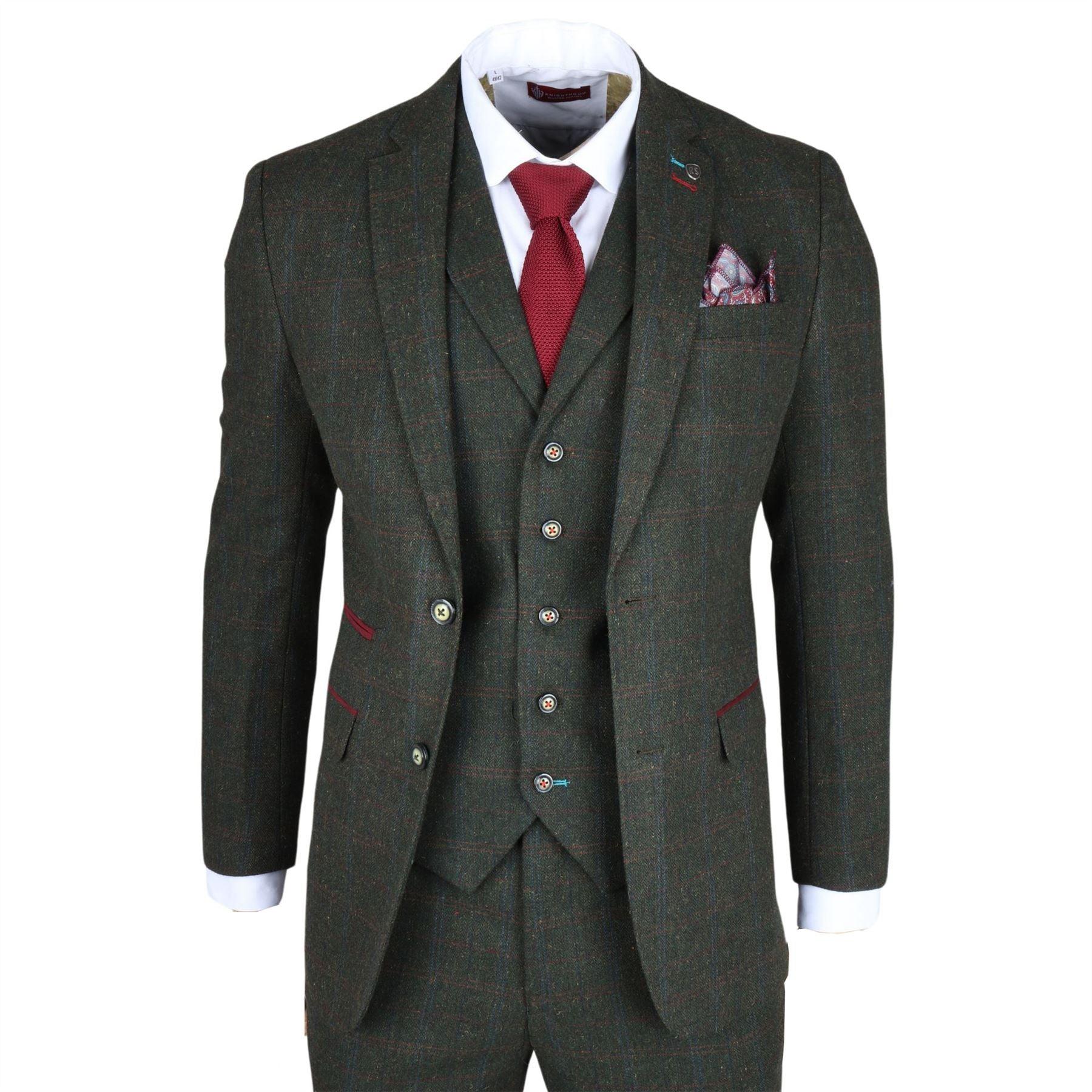 Men's Suit Wool Blend 3 Piece Olive Green Herringbone Check Tweed Slim Fit Formal Dress - Knighthood Store