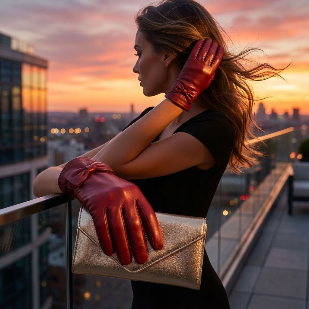 Women's Leather Wool Lined Bow Knot Accent Gloves