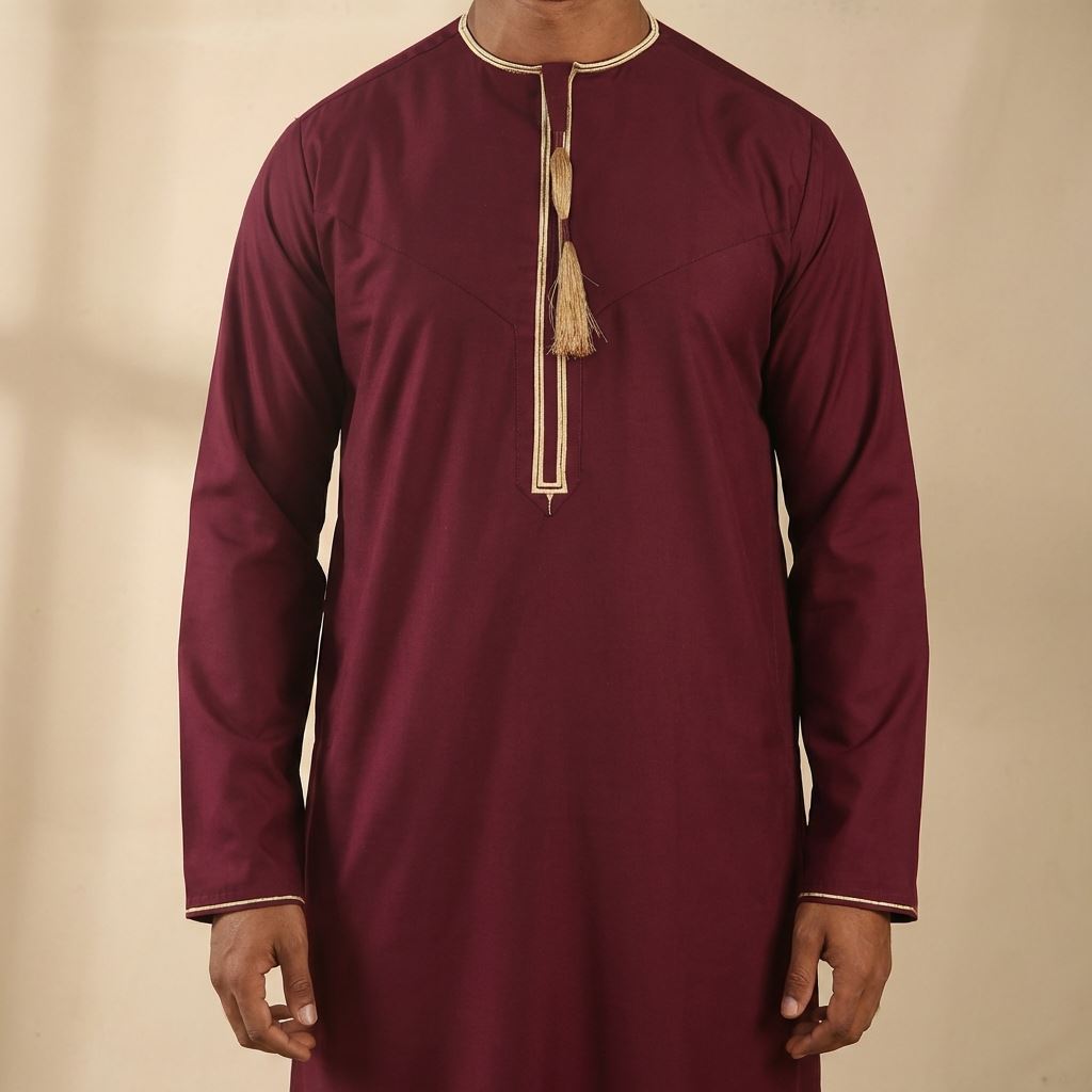 TT-003 - Men's Wine Emirati Omani Tassel Embroidery Thobe