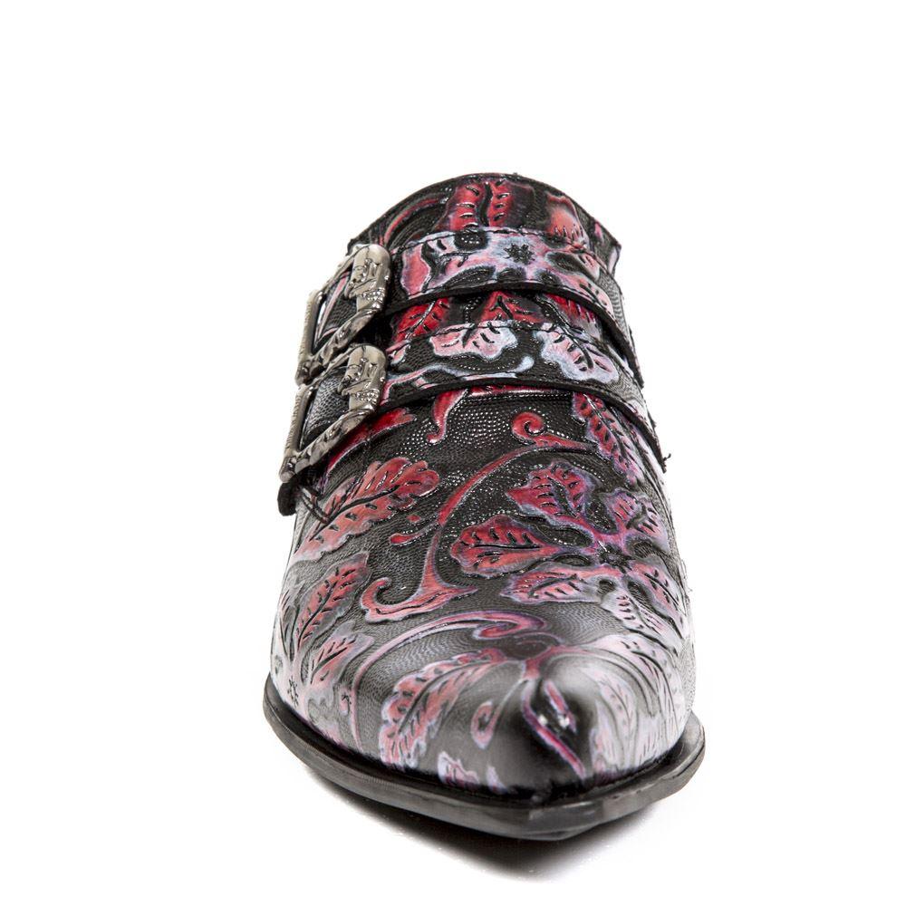 New Rock 7960-s6 Shoe Embossed Vintage Black Red Leather Buckle Steel Heel Shoes - Knighthood Store