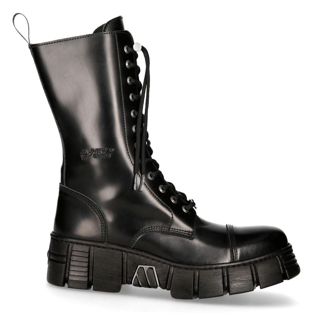 New Rock M-WALL127N-C1 Boots Black Leather Wall Rock Biker Mid-Calf Tower Boots - Knighthood Store