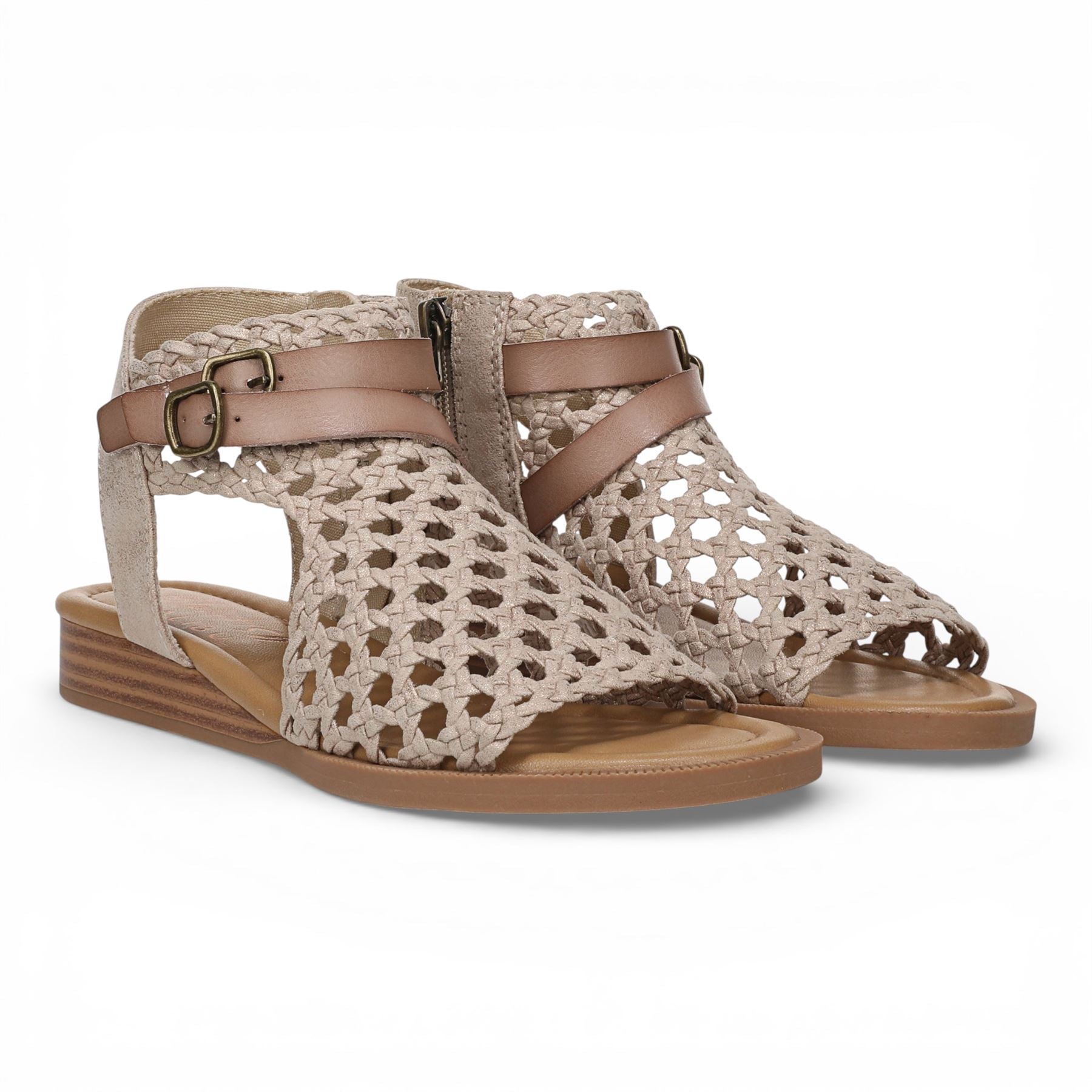 Anuella - Women's Golden Beige Weave Micro Wedge Sandals