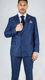 Men's Blue Suit 2 Piece Double Breasted Check Formal Dress