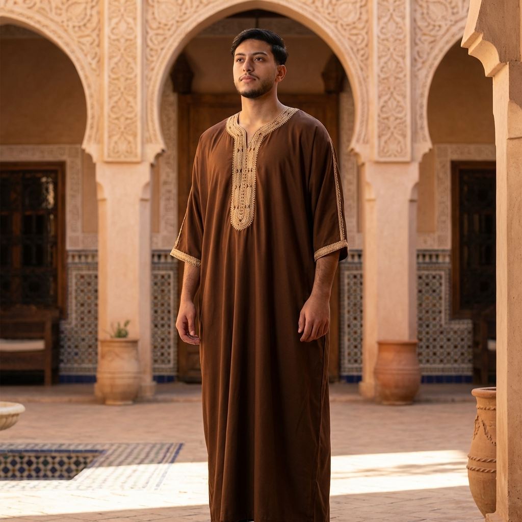 Men's Half Sleeve Embroidery Moroccan Thobe