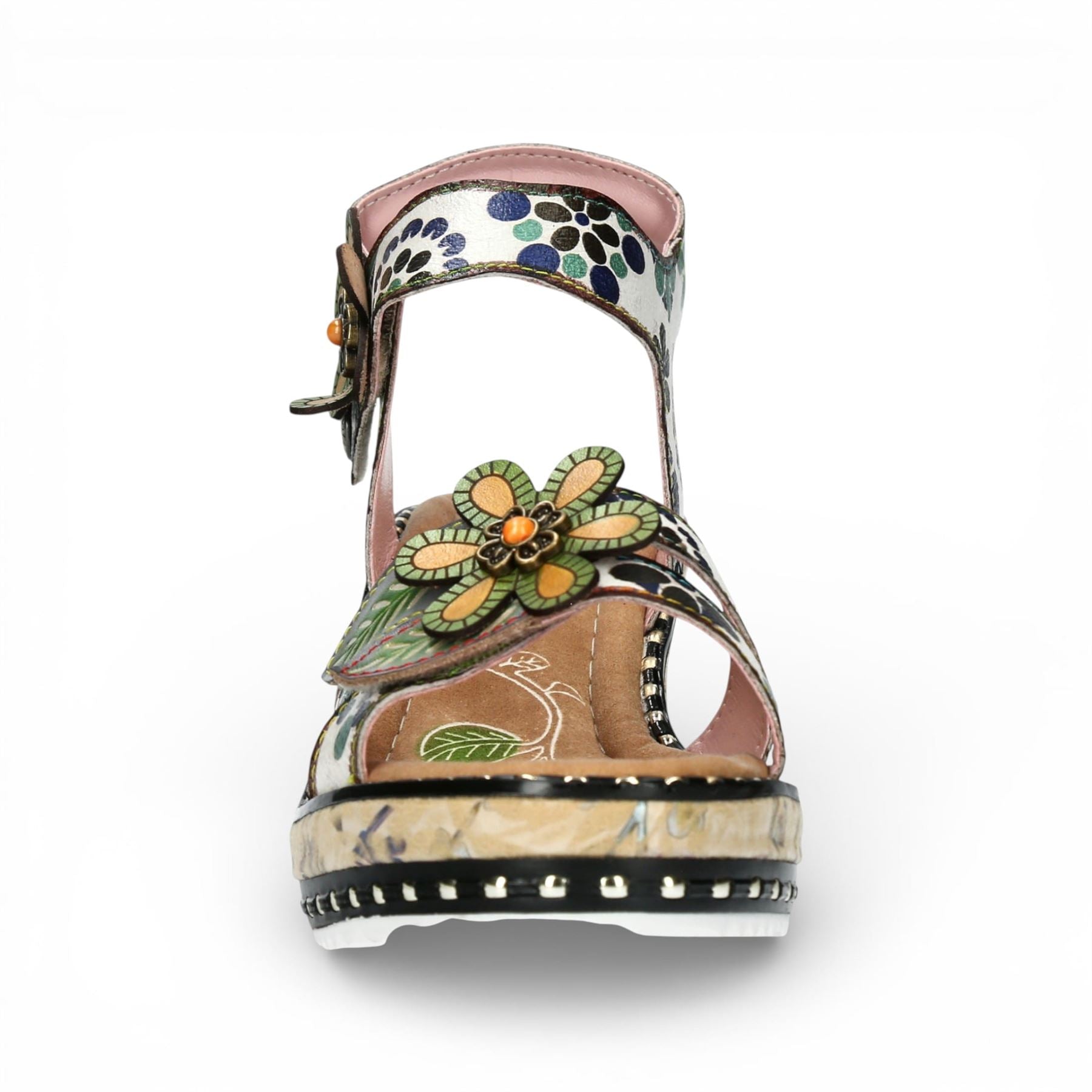 Ballon 08 - Women's Beige Floral Leather Wedge Sandals