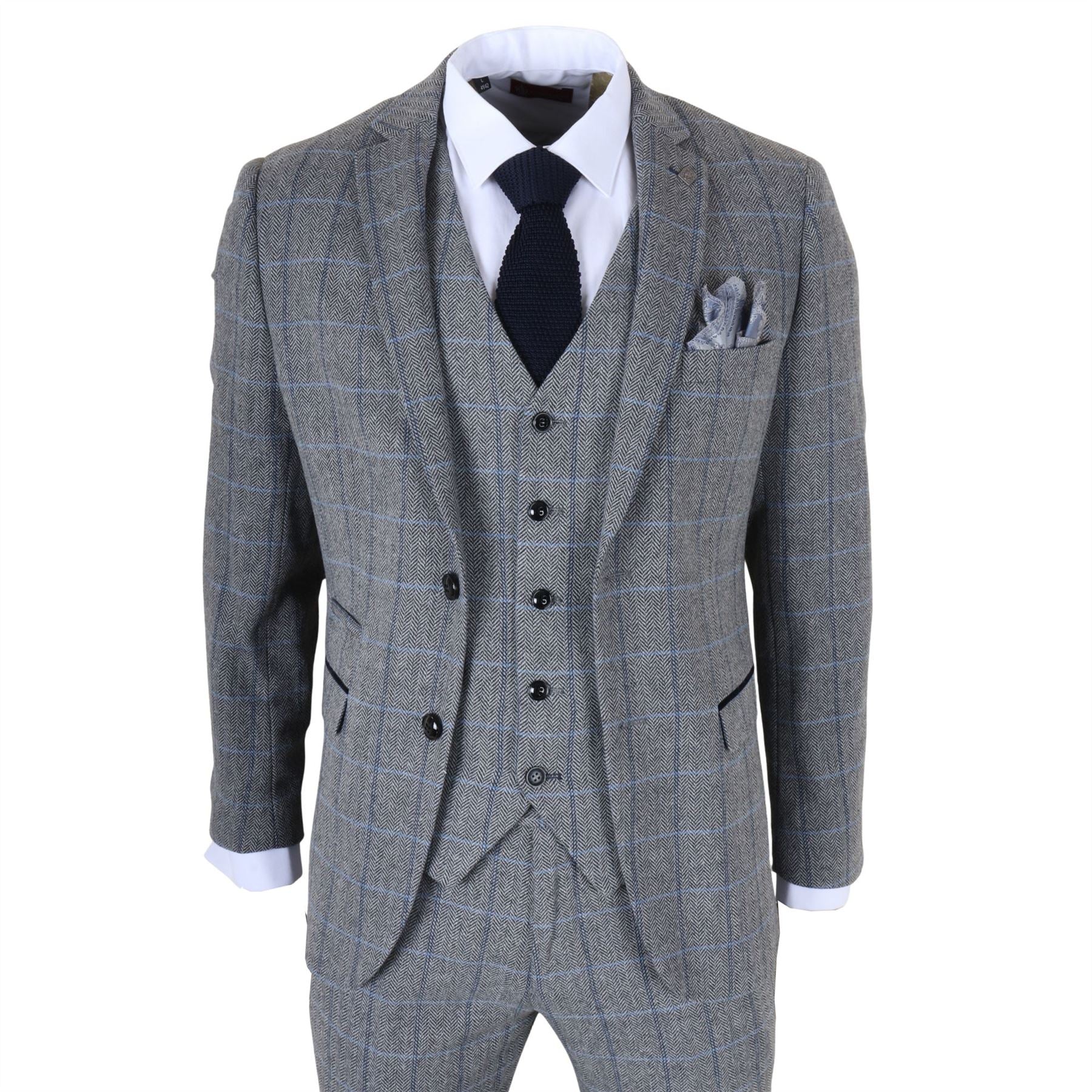 Harris - Men's Grey 3 Piece Herringbone Check Tweed Suit