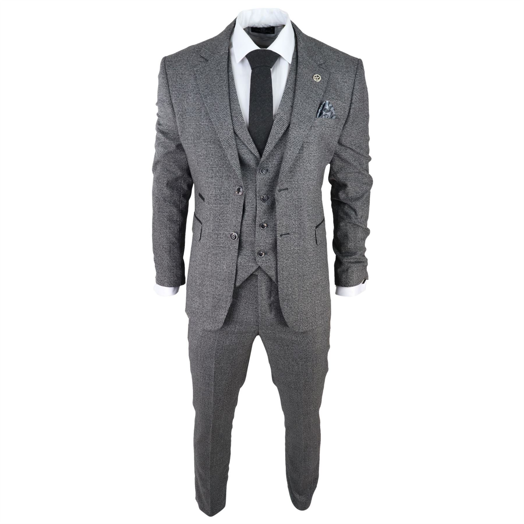 Mens Classic 3 Piece Suit Prince Of Wales Check Grey Tailored Fit Vintage Wedding