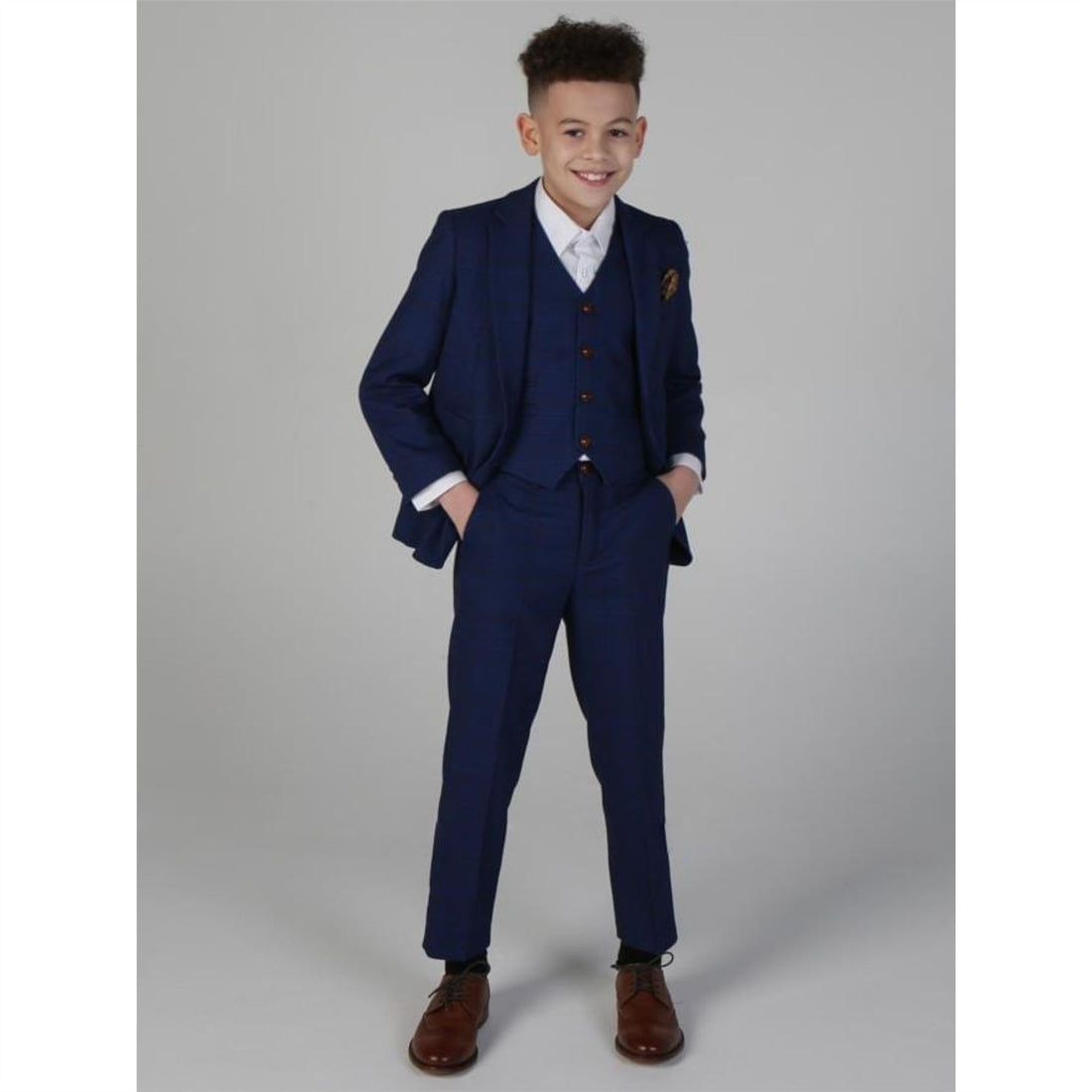 Boys Blue Brown Check 3 Piece Suit Wedding Prince Of Wales