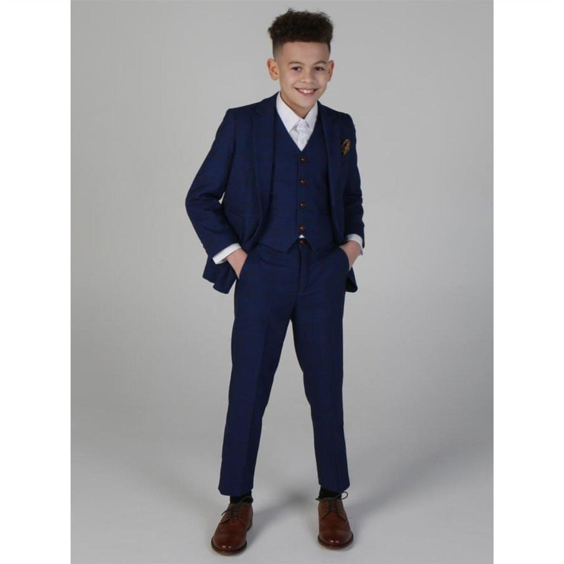 Boys Blue Brown Check 3 Piece Suit Wedding Prince Of Wales - Knighthood Store