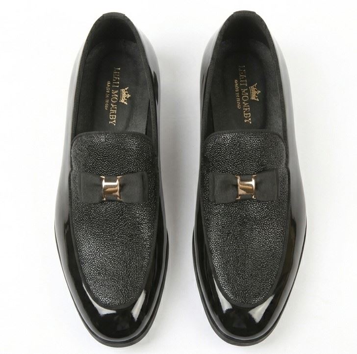 Men’s Formal Dress Loafers Patent PU Leather Textured Front Iconic Buckle Bow Modern Slip-On Shoes