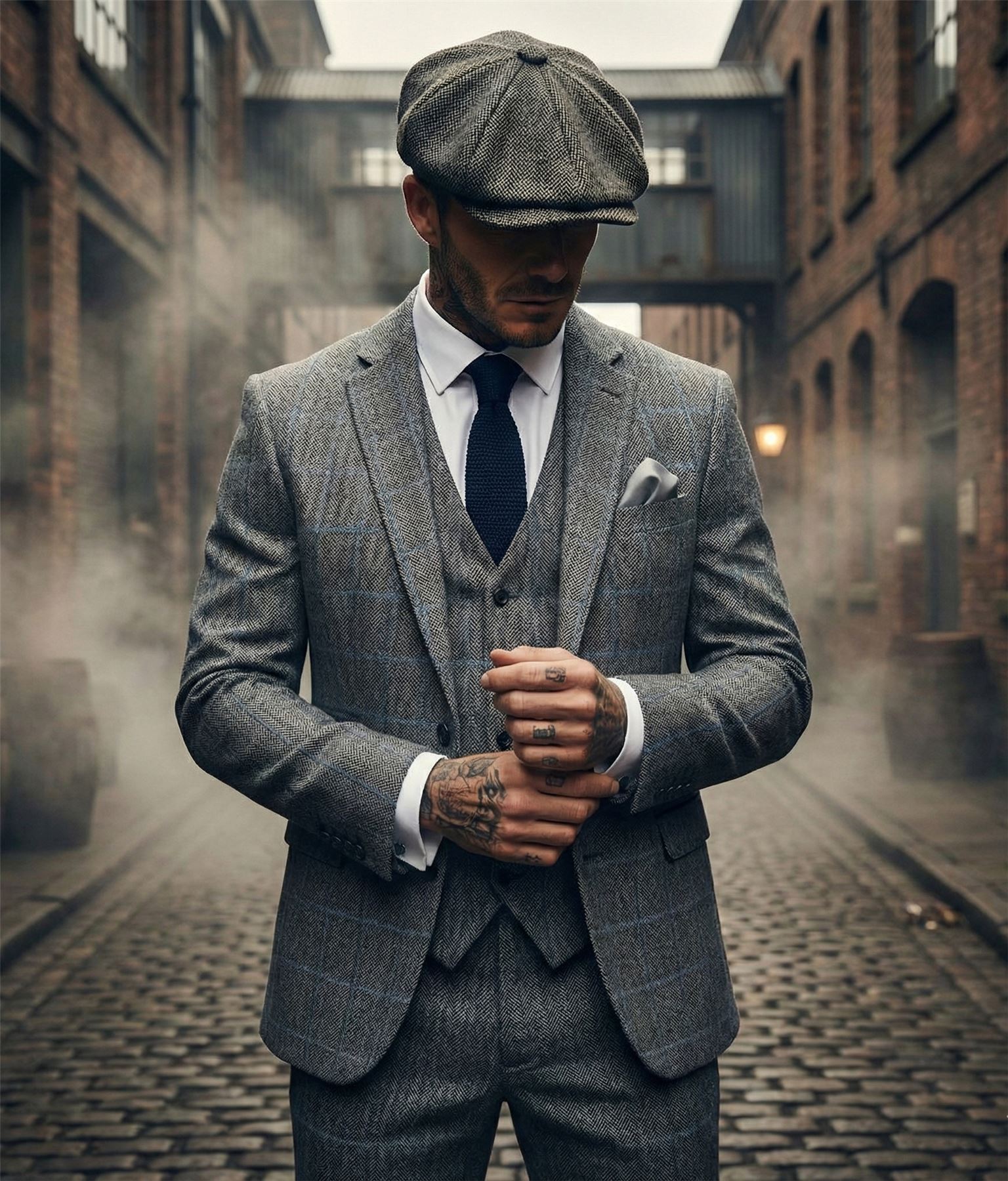 Harris - Men's Grey 3 Piece Herringbone Check Tweed Suit