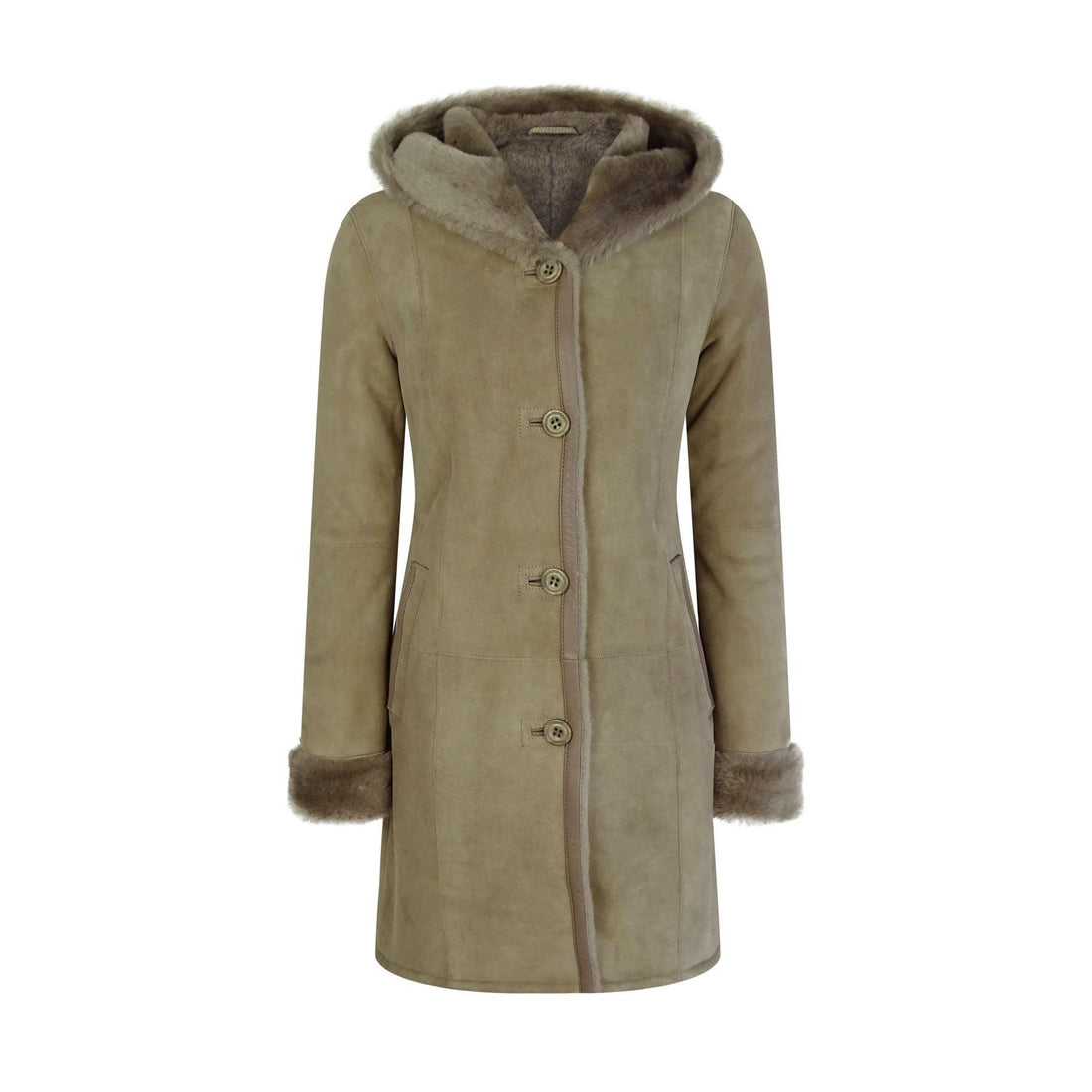 Womens Beige 3/4 Long Hood Real Morino Sheepskin Jacket Button Brown - Knighthood Store