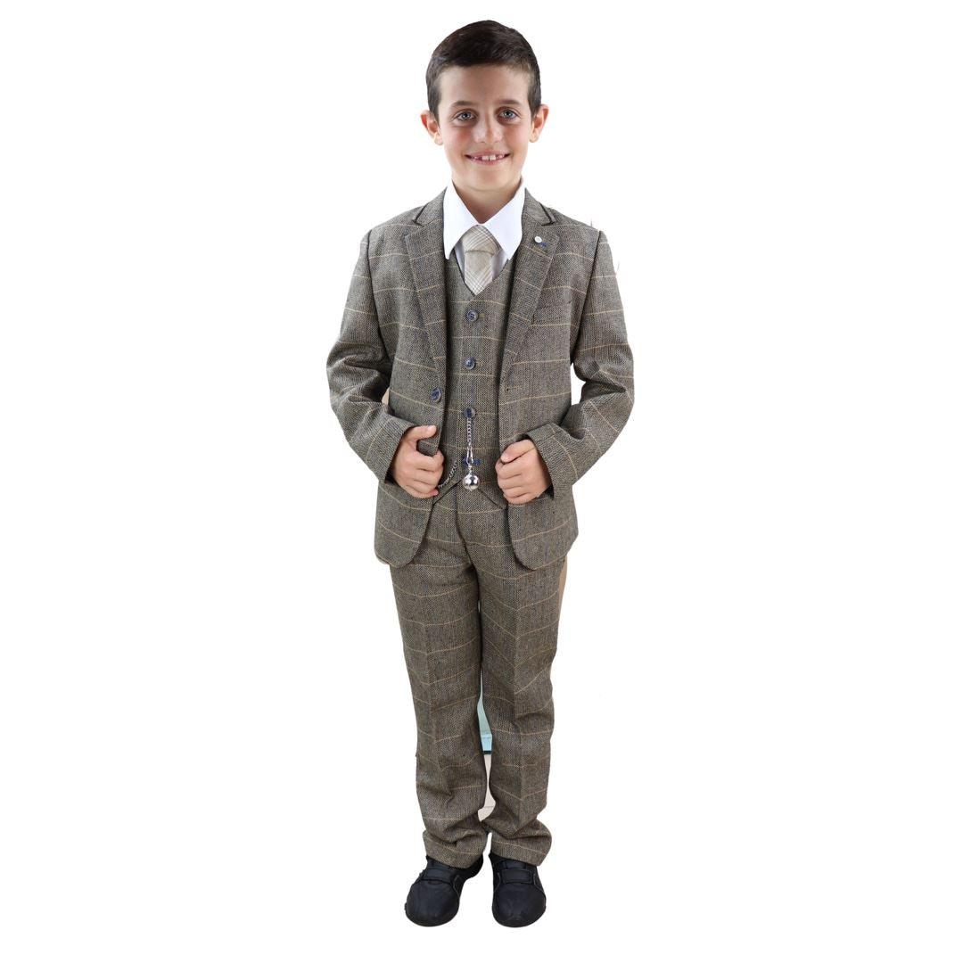 Boys 3 Piece Suit Brown Tweed Check Blinders Vintage Kids Classic 1920s - Knighthood Store