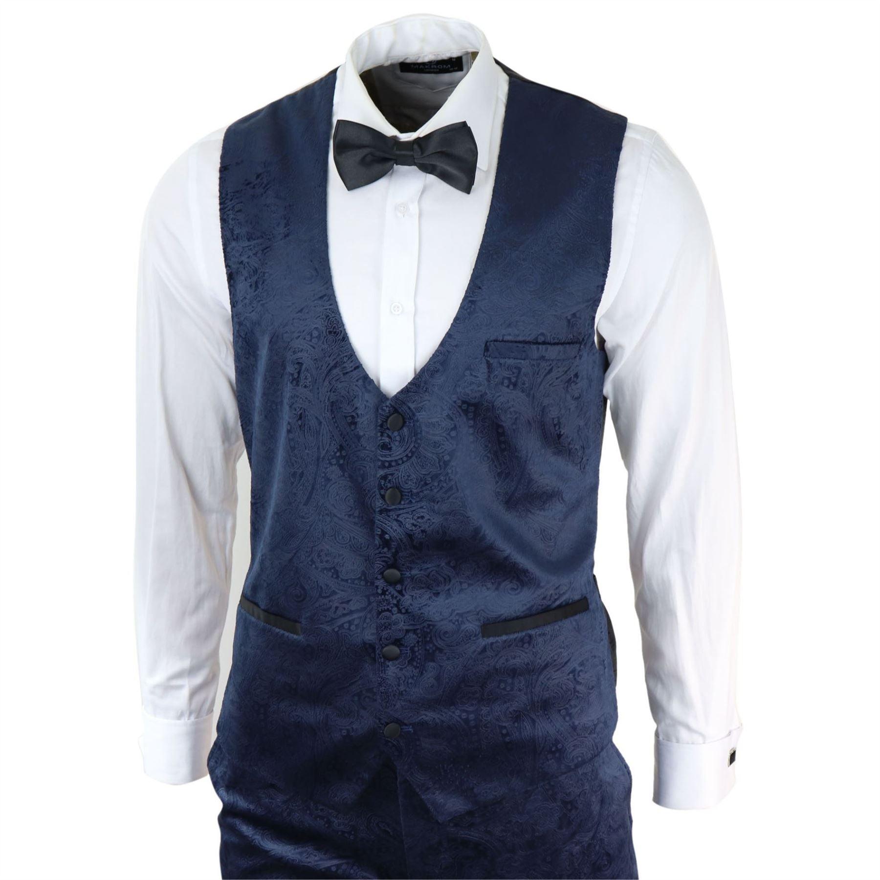 Mens Marc Darcy Velvet Paisley Blue Fit 3 Piece Suit Tuxedo Dinner Jacket Wedding - Knighthood Store