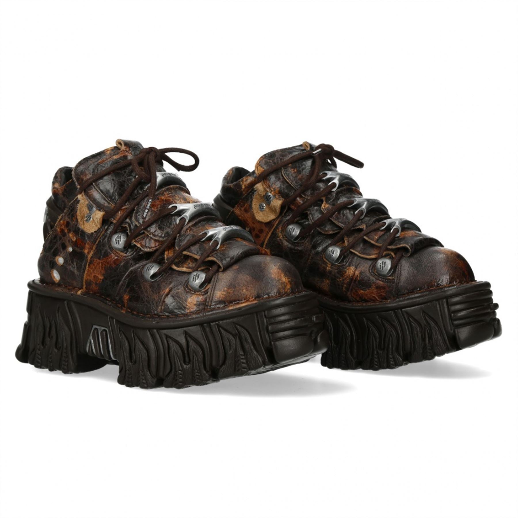 New Rock M-106-C194 Brown Flame Leather Ankle Platform Boots