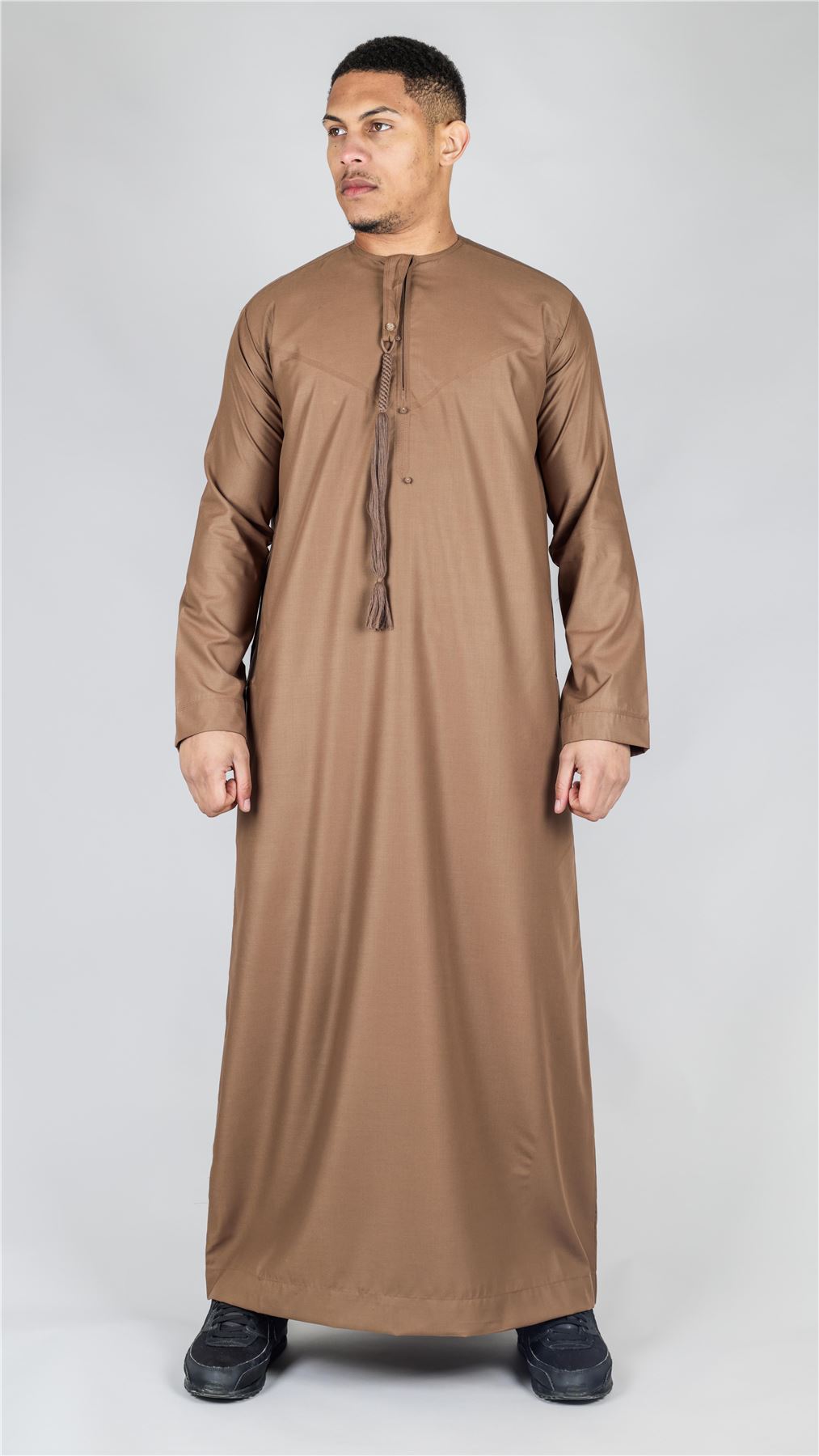 Men's Thobe Emirati Omani Jubba Islamic Clothing Muslim Kaftan Eid Robe Arab String Tassel