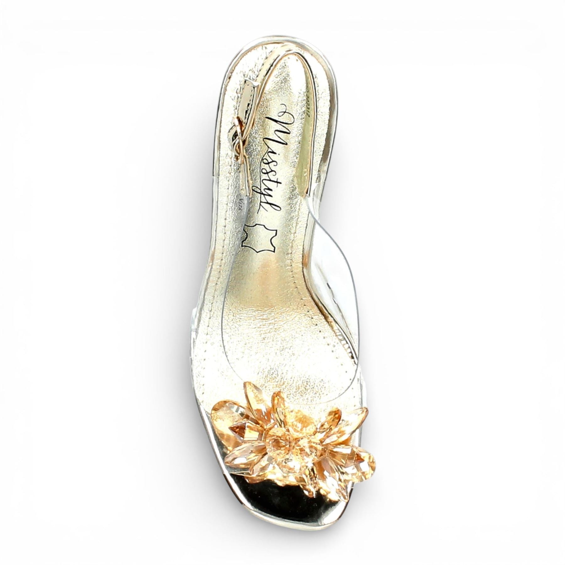 Mira 01 - Women’s Clear Golden Slip-On Heel Sandals
