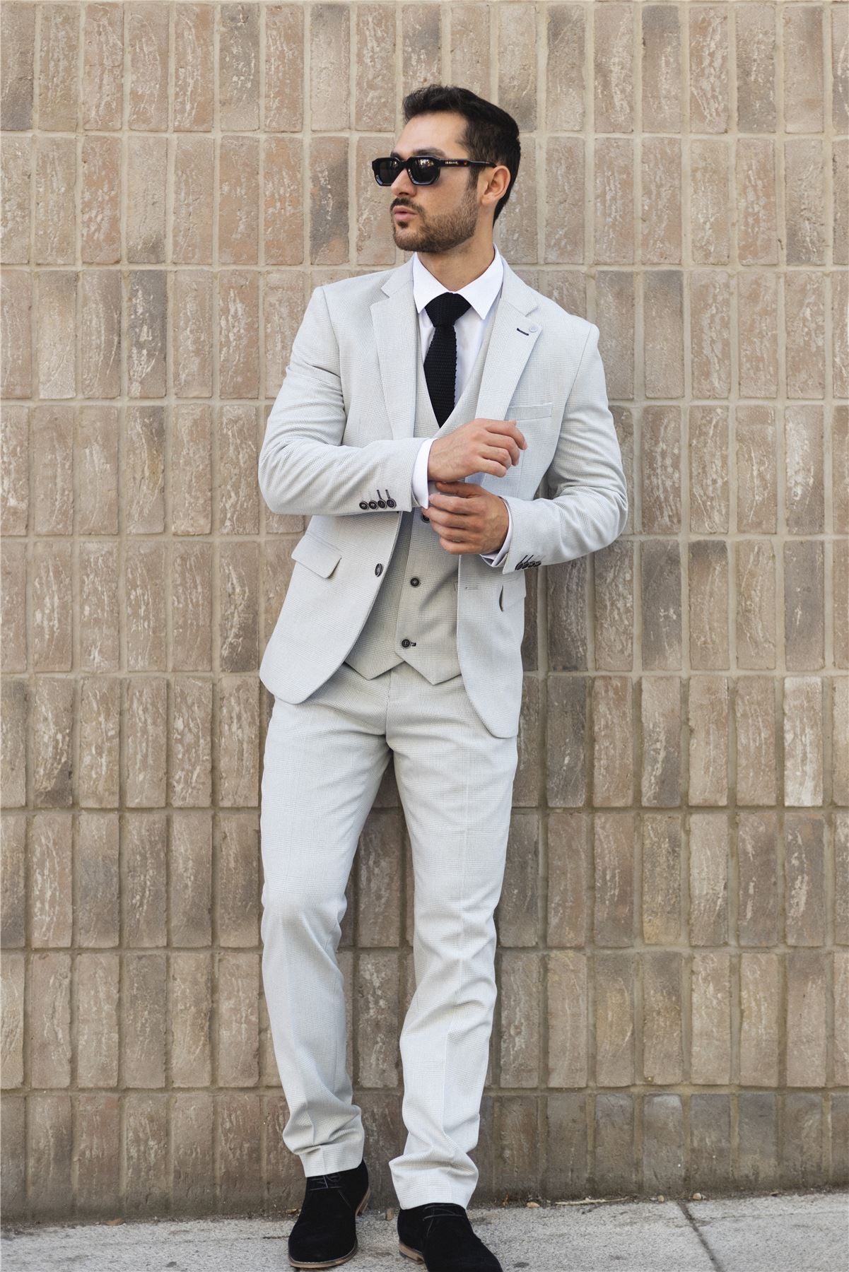 Men's Suit 3 Piece Grey Checked Classic Plaid Tailored Fit Formal Dress