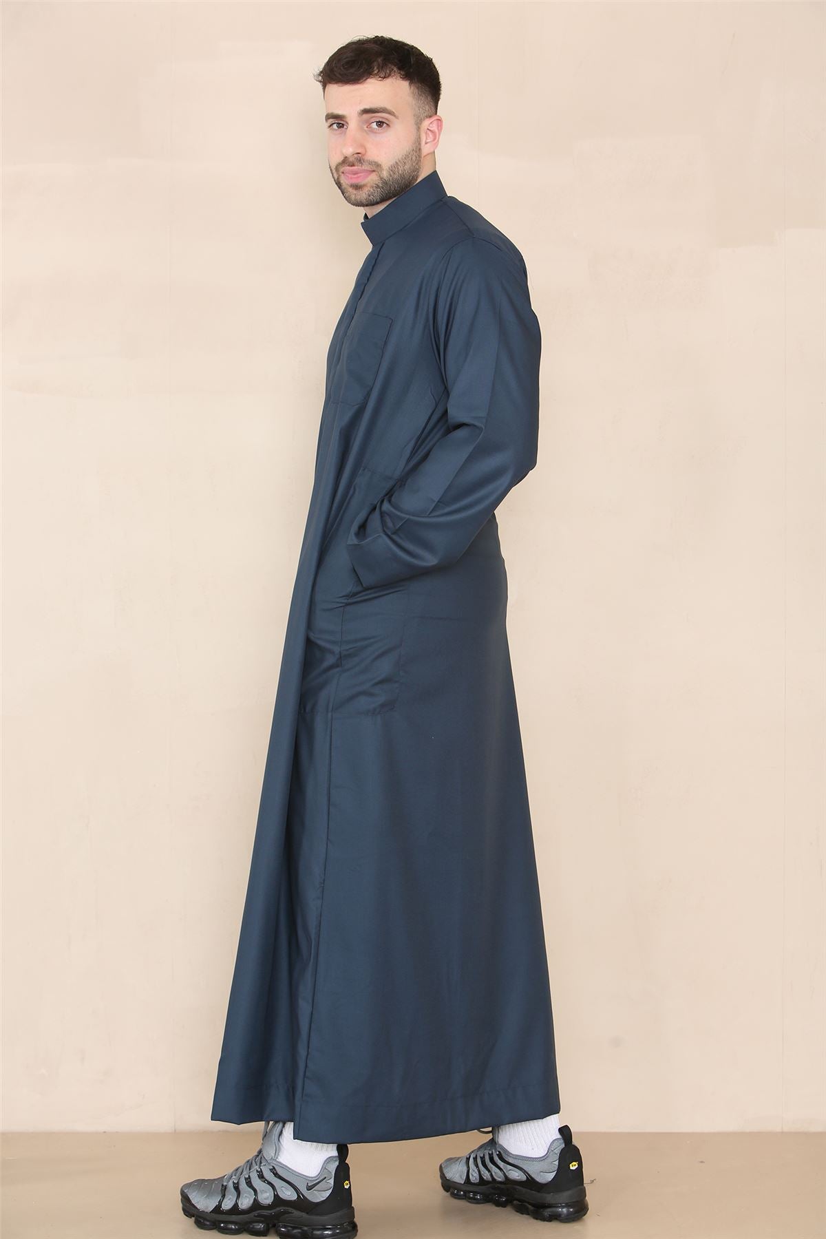 Mens Thobe Jubba Nehru Stand Collar Islamic Clothing Muslim Kaftan Eid Robe Saudi Slim Regular Fit