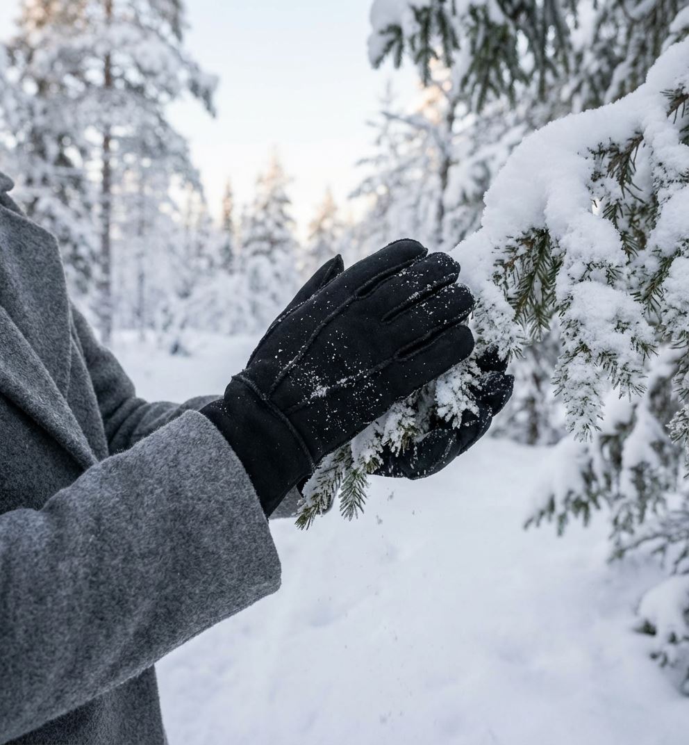 Unisex Suede Leather Shearling Wool Lined Thermal Gloves