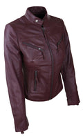 Ladies Women Genuine Real Leather Slim Fit Navy Biker Jacket - Knighthood Store