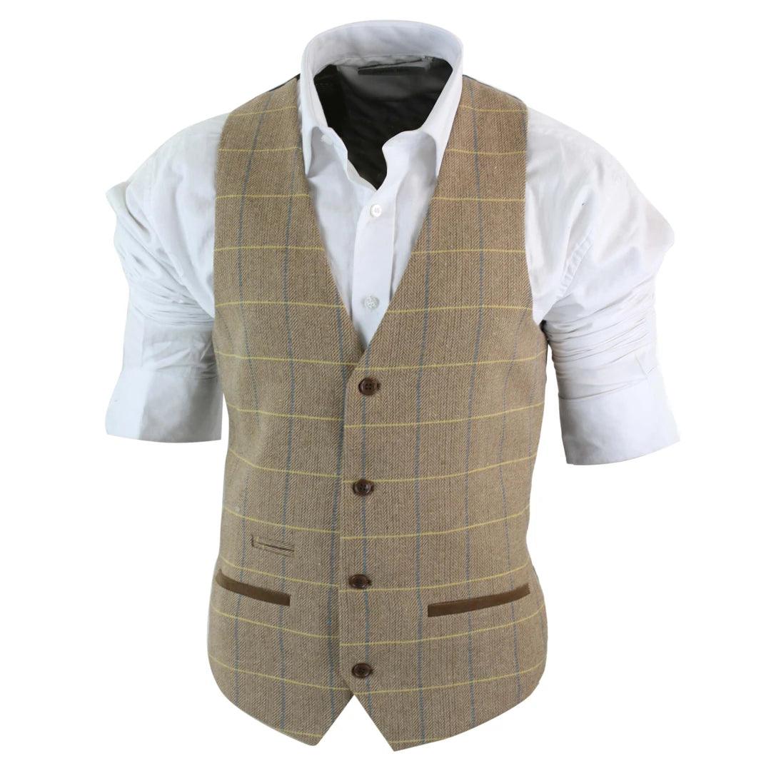 Mens Vintage Tweed Check Waistcoat Herringbone Tan Brown Grey Slim Fit Velvet Trim - Knighthood Store