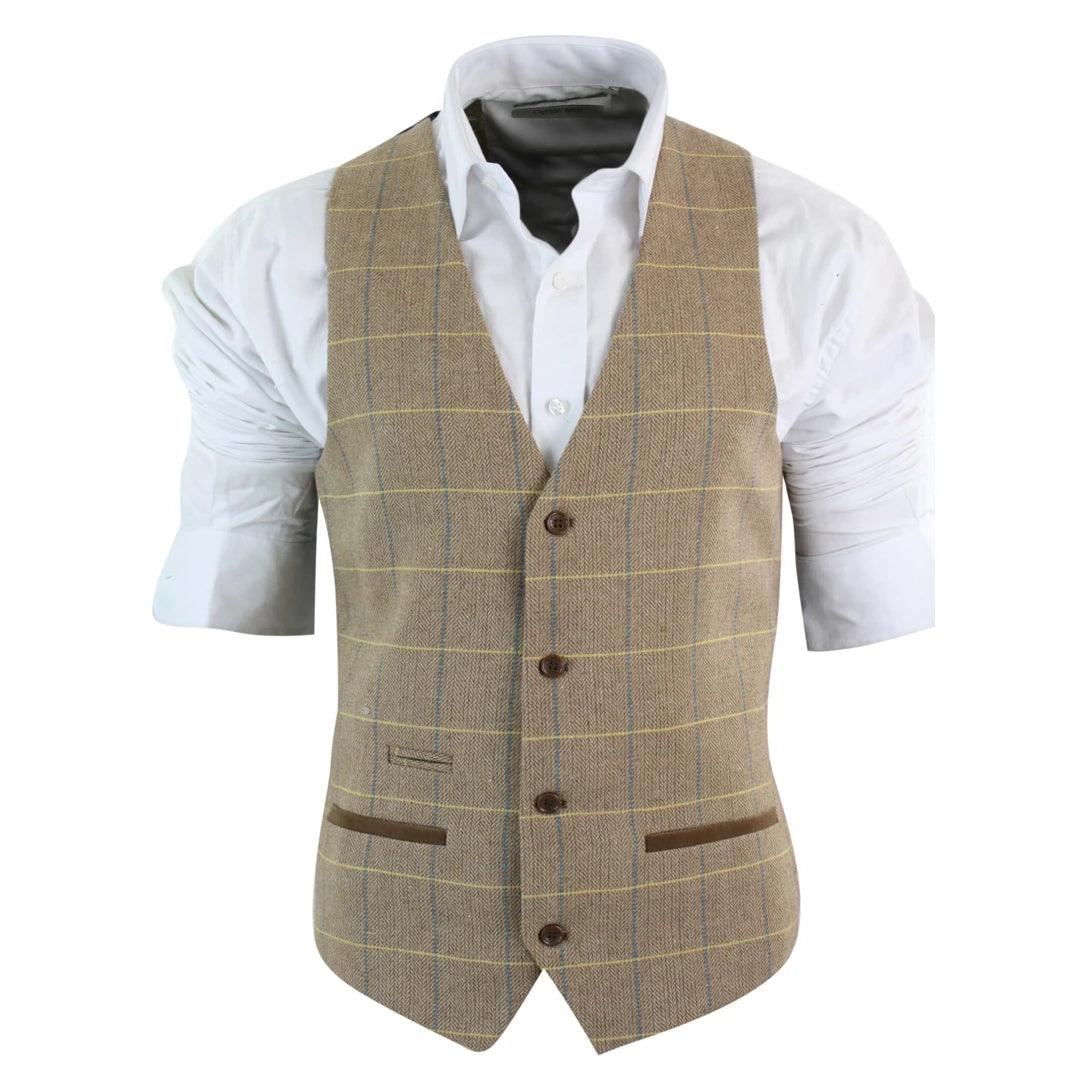 Mens Vintage Tweed Check Waistcoat Herringbone Tan Brown Grey Slim Fit Velvet Trim - Knighthood Store