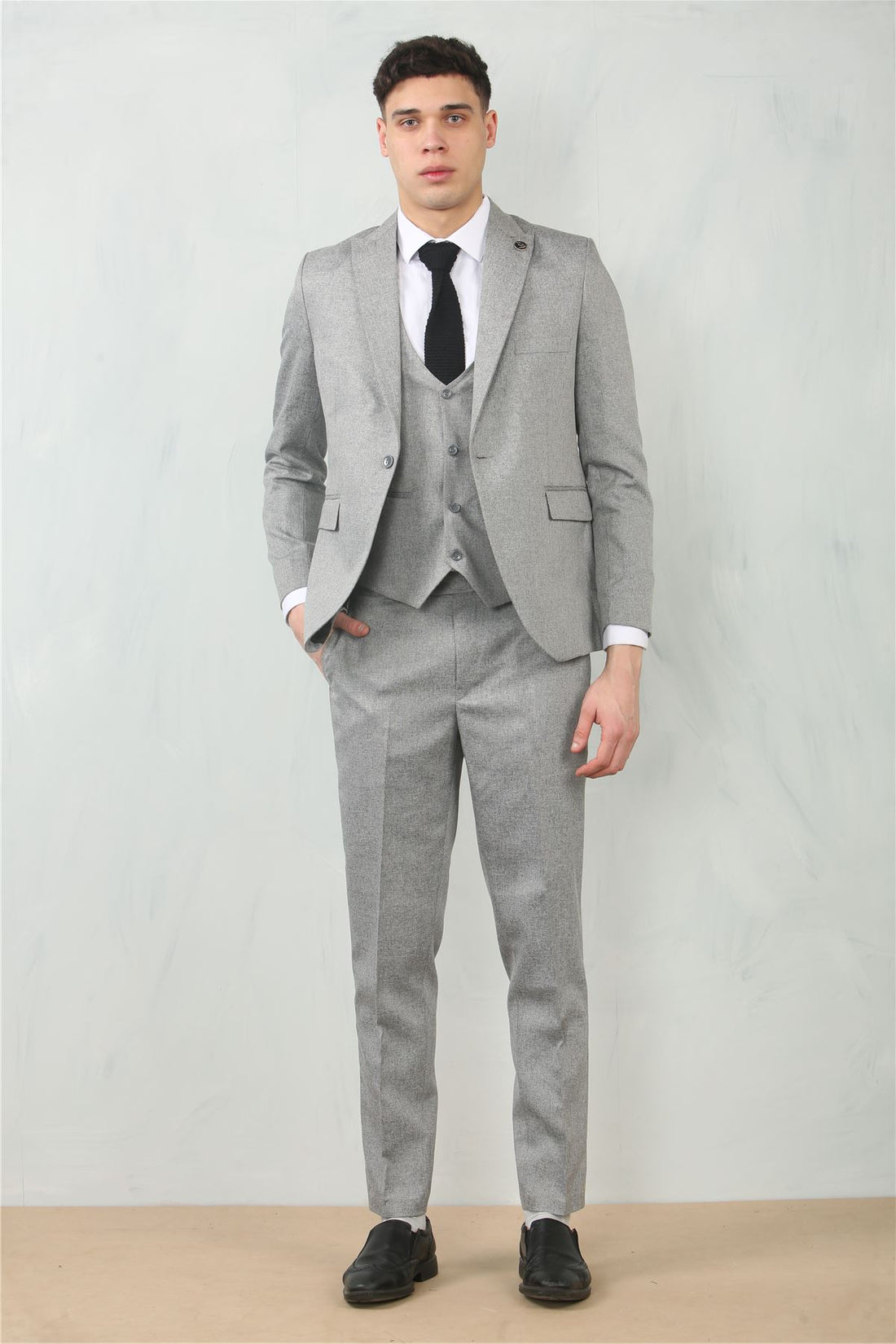 Men's 3 Piece Suit Grey Tailored Fit Wedding Classic Prom Formal Textured