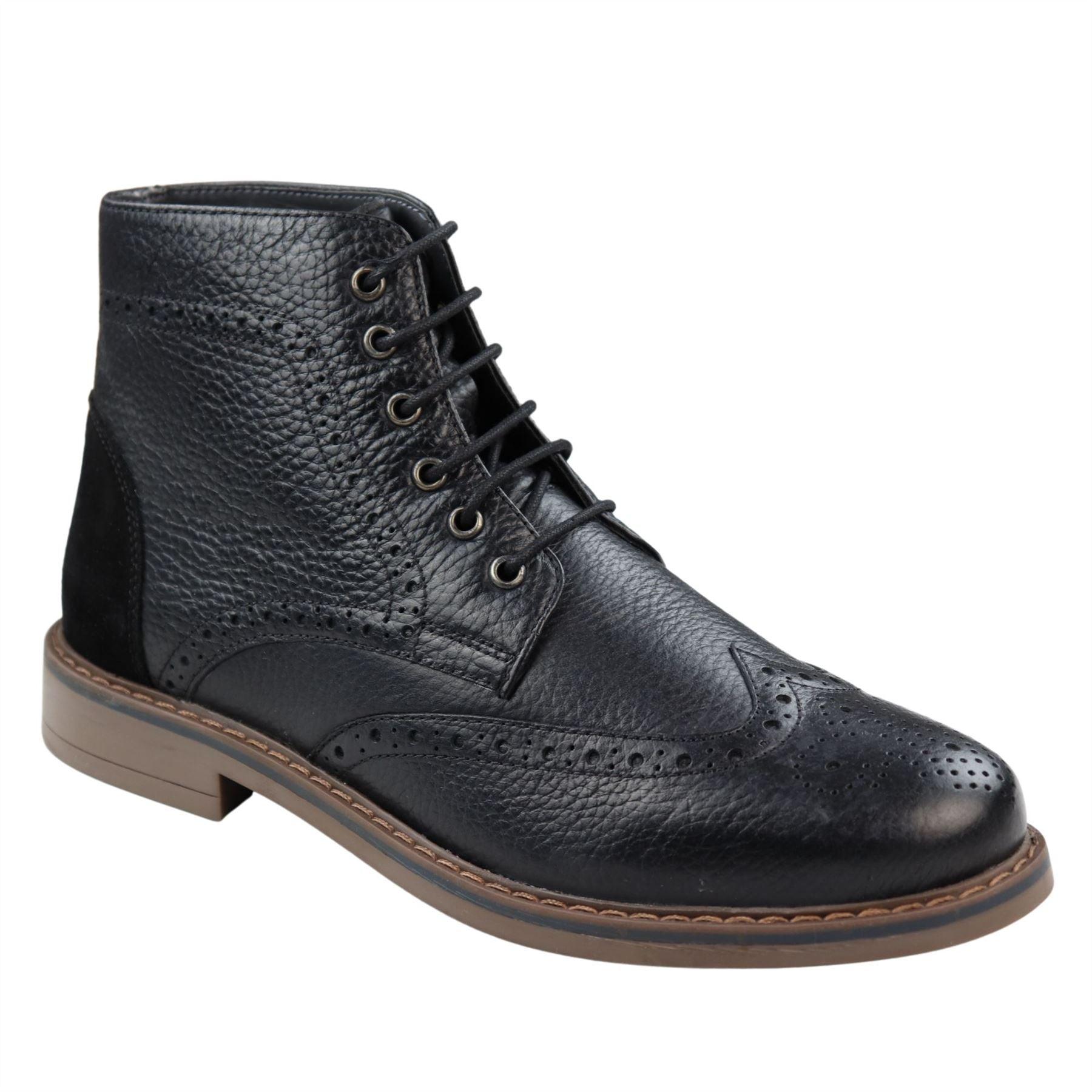 Mens Round Toe Laced Brogue Boots Black Tan Brown Real Leather Smart Casual Classic - Knighthood Store