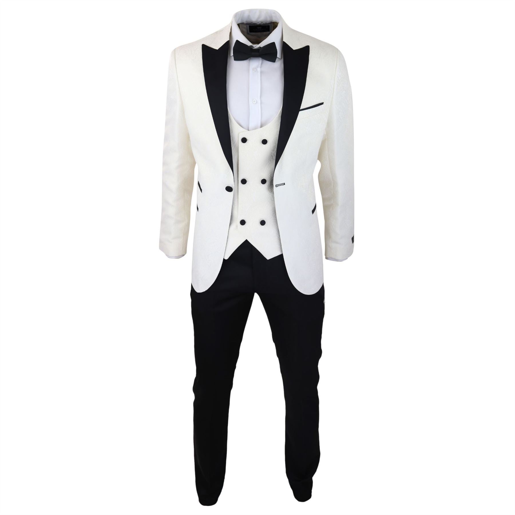 Mens Paisley Tuxedo Blazer And Waistcoat Brocade Dinner Jacket Satin Ivory Black