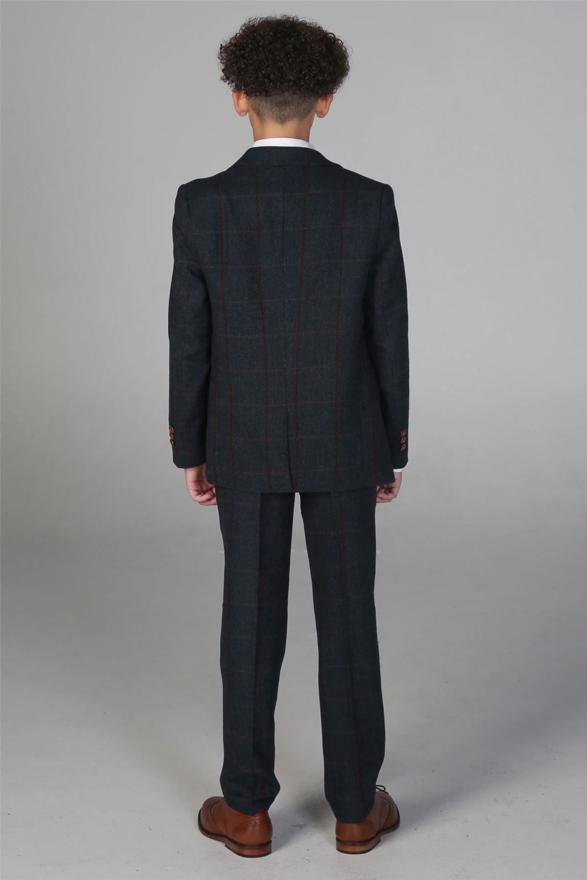 Boys 3 Piece Navy Tweed Check Suit