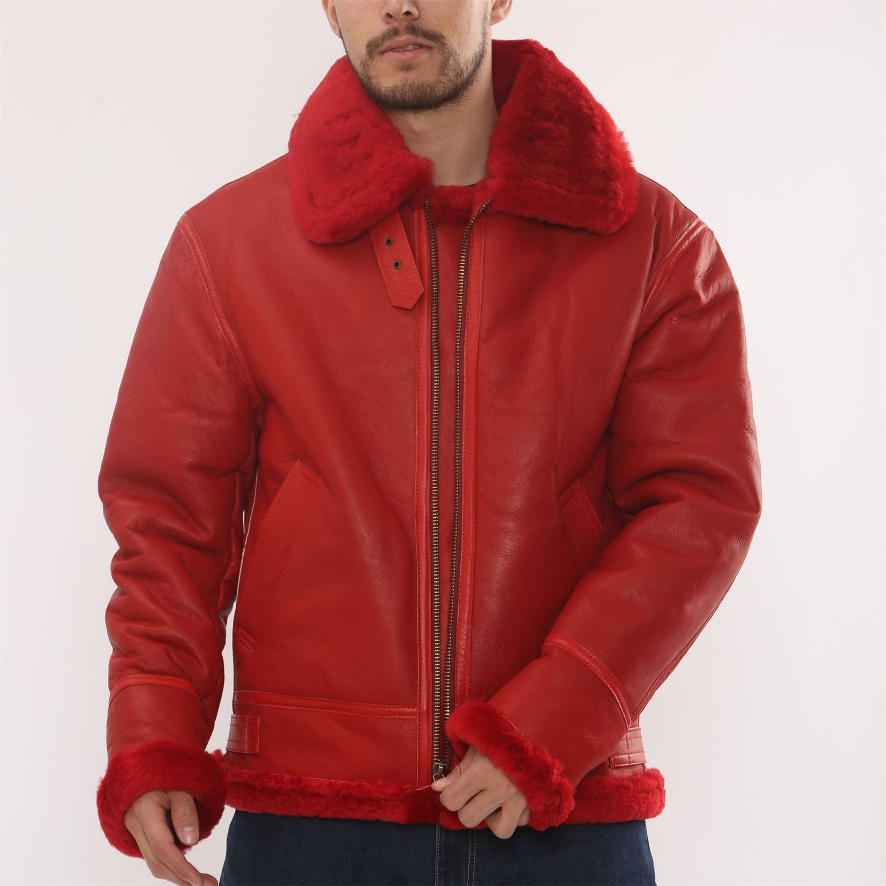 Men's Red Shearling B3 Bomber Leather Jacket