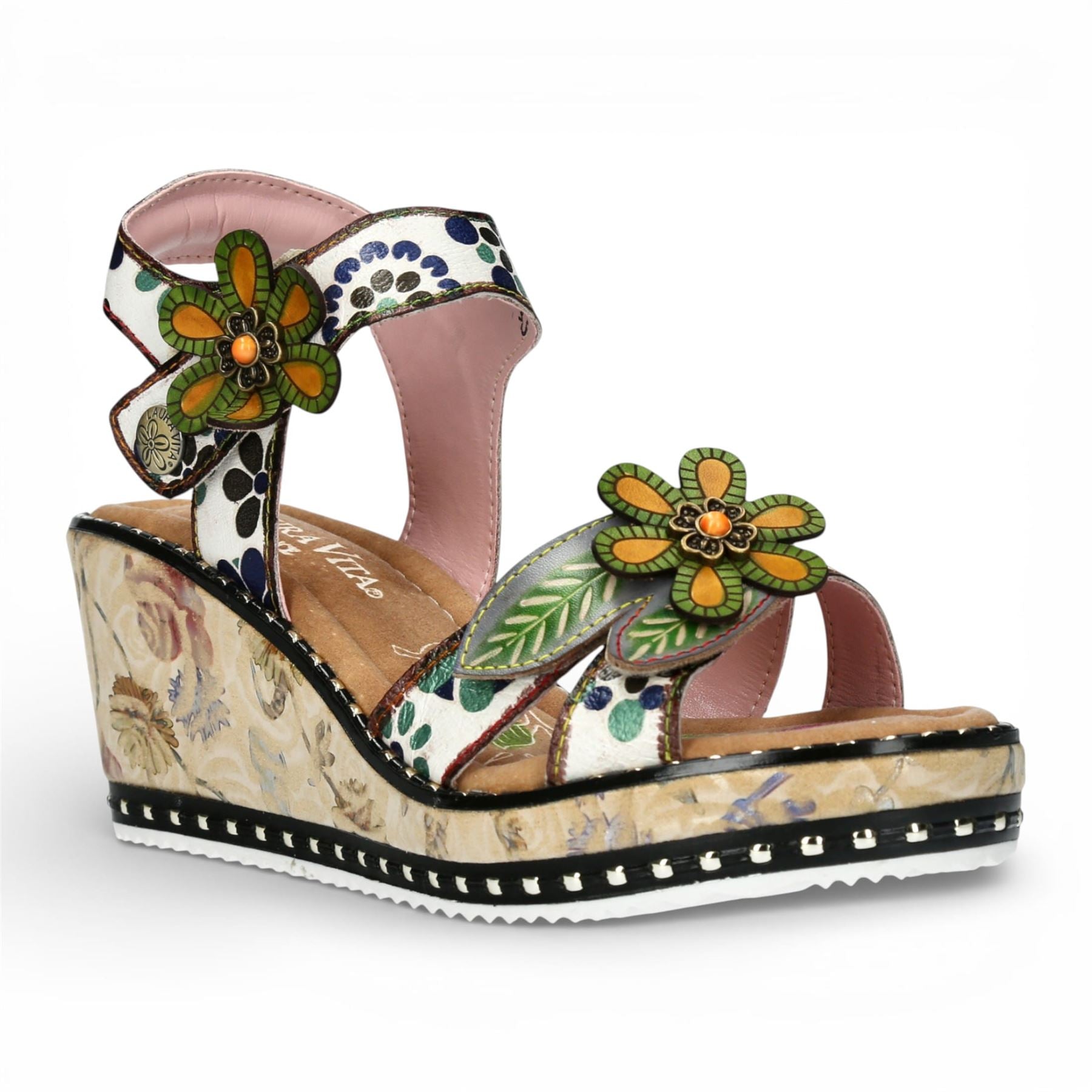 Ballon 08 - Women's Beige Floral Leather Wedge Sandals