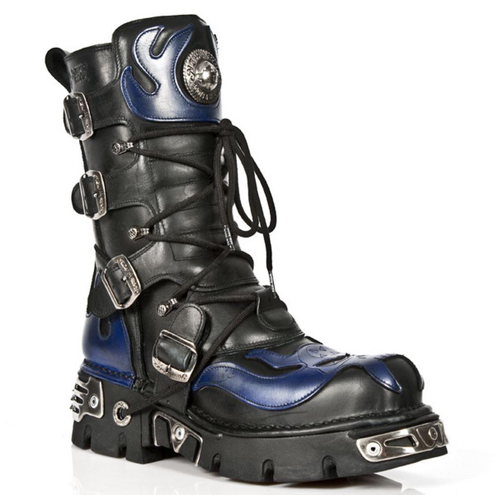 NEW ROCK 107-C5 Unisex Boots Black Blue Leather Skull Devil Gothic Punk Biker - Knighthood Store