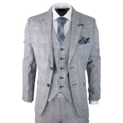Mens 3 Piece Summer Suit Grey Check Blue Black Tailored Fit Classic Wedding Formal