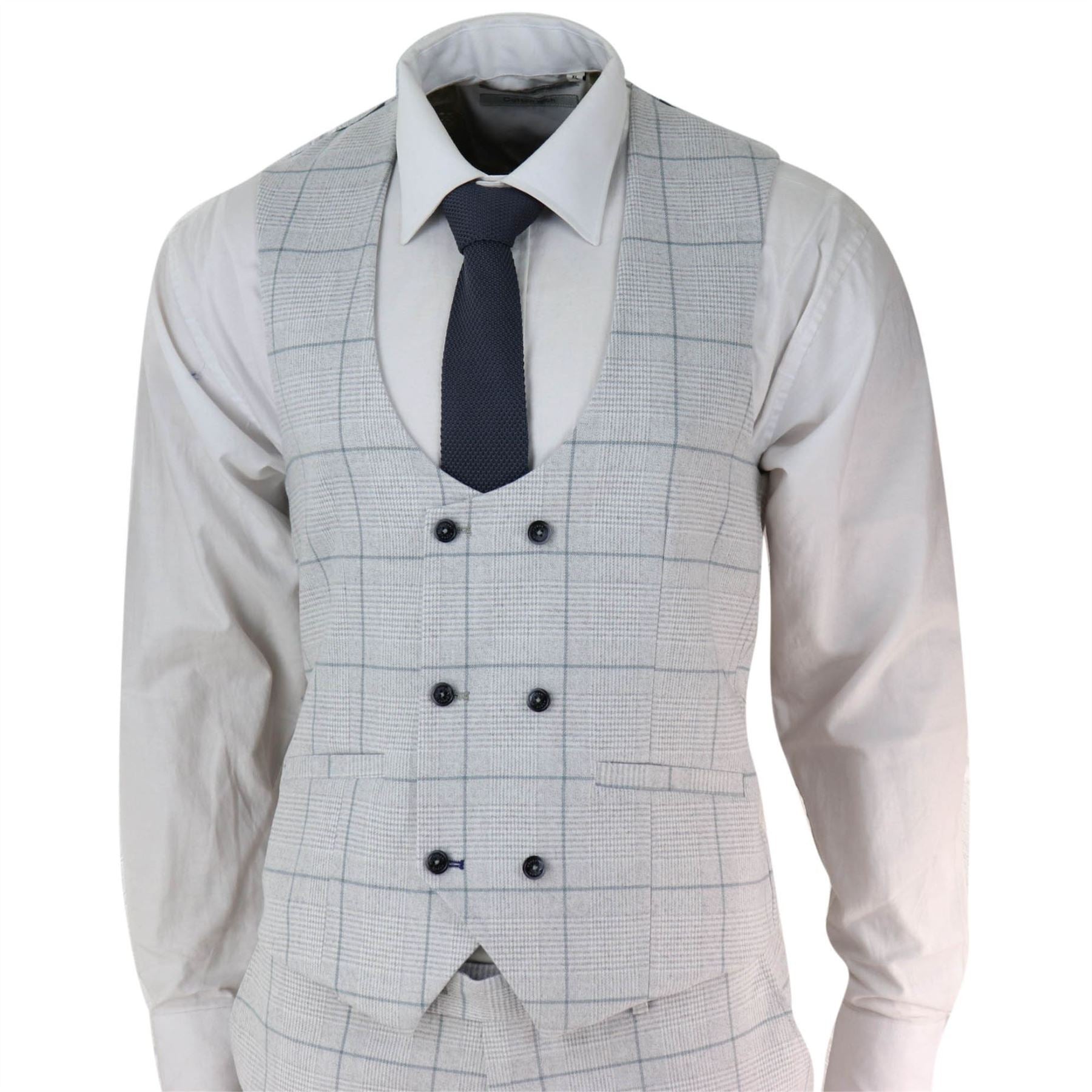 Mens Light Grey Check 3 Piece Suit Double Breasted Waoistcoat Tailored Fit