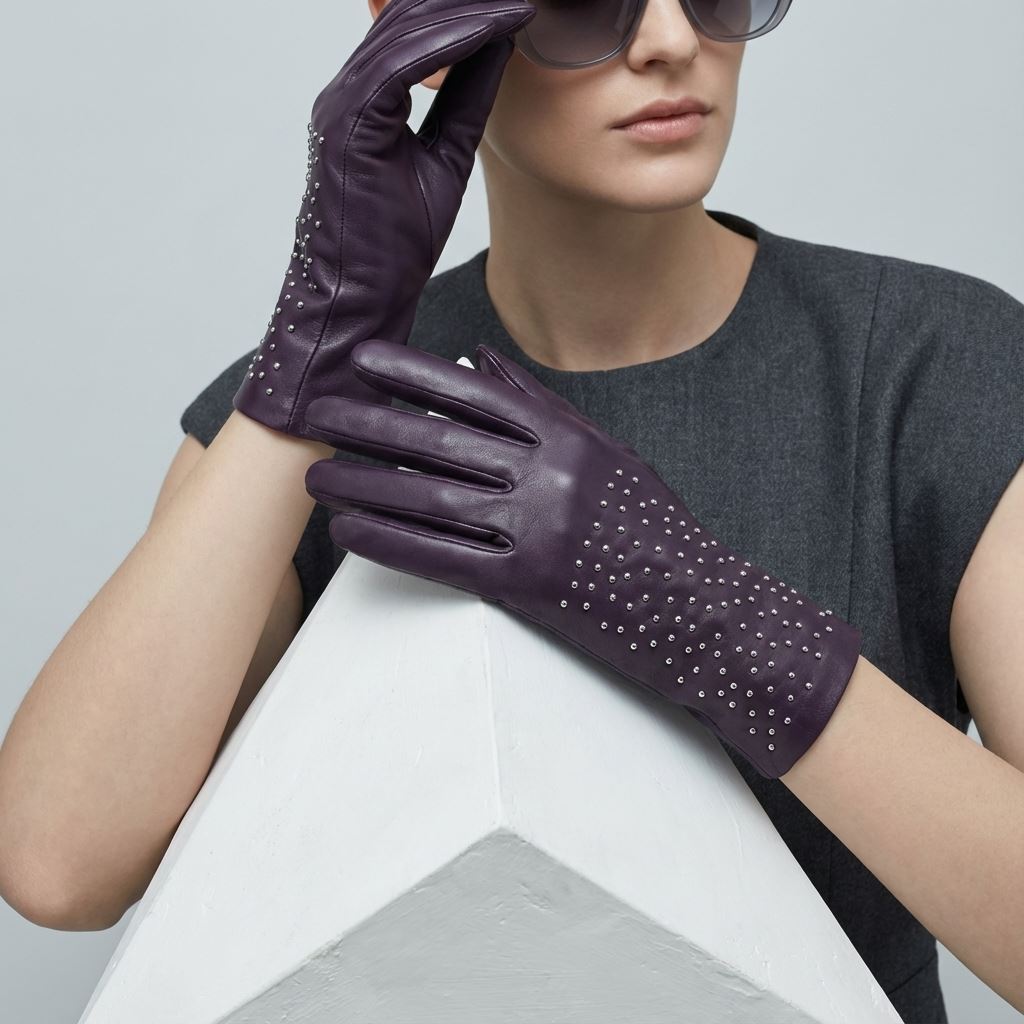 Women’s Leather Studded Wool Lining Fashion Gloves