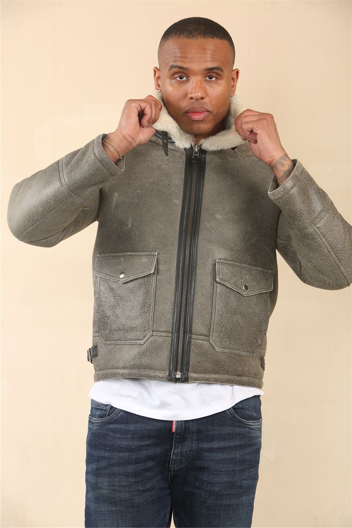Men's Grey B3 Shearling Aviator Sheepskin Jacket