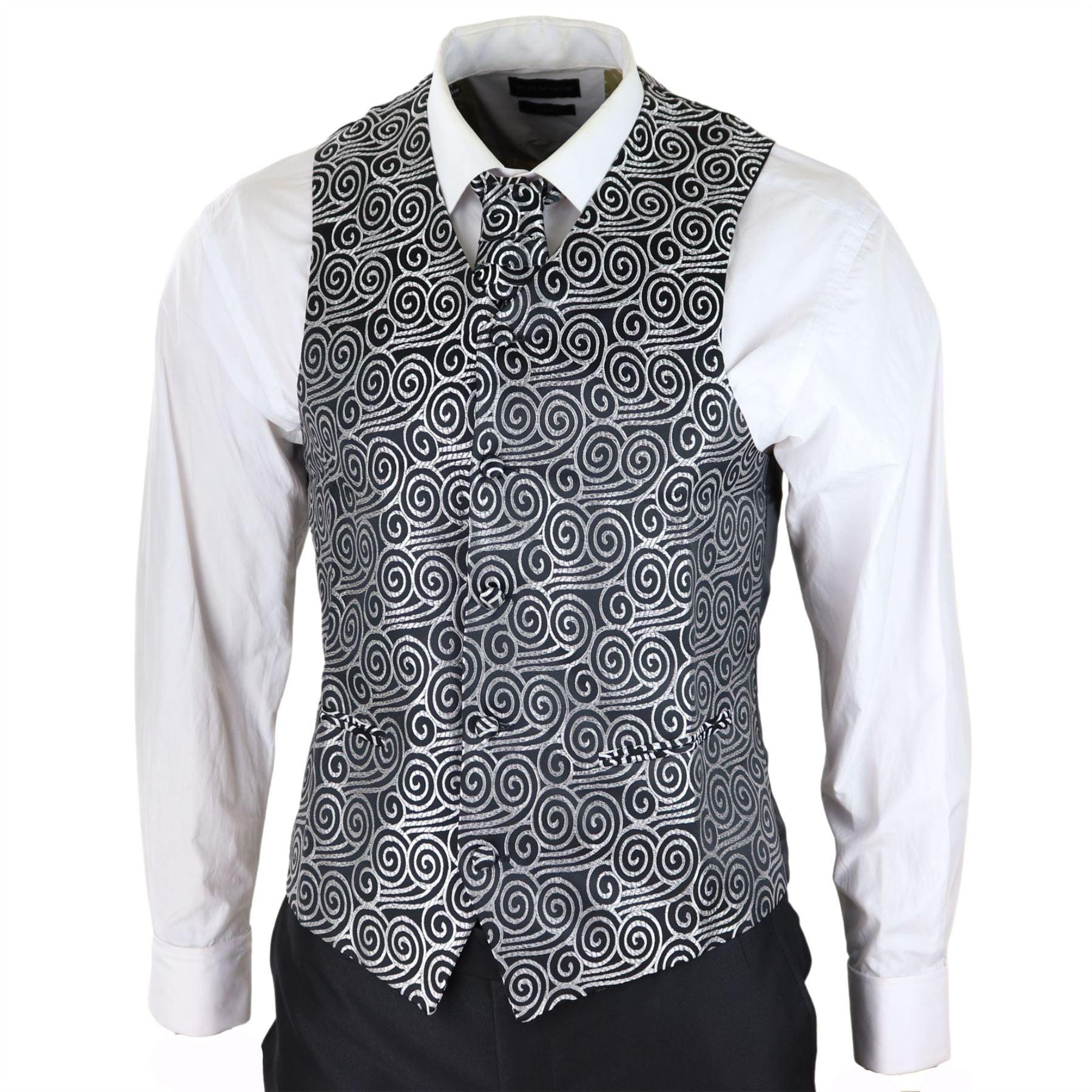 Mens Wedding 3 Piece Black Suit Diamonte Silver Cravat Waistcoat Groom Bestman - Knighthood Store