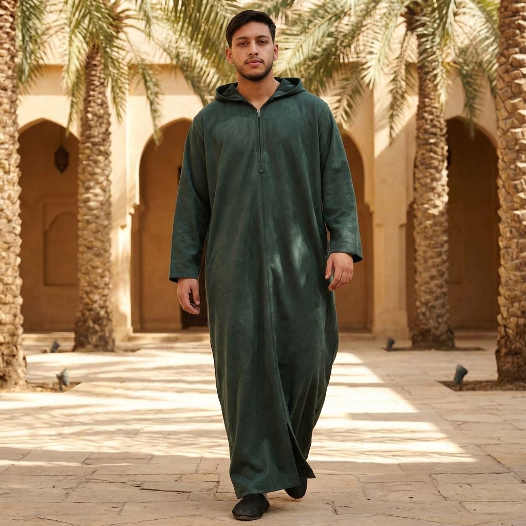 HM12 - Men's Hooded Suede Thobe Emirati Omani Zipped Thobe