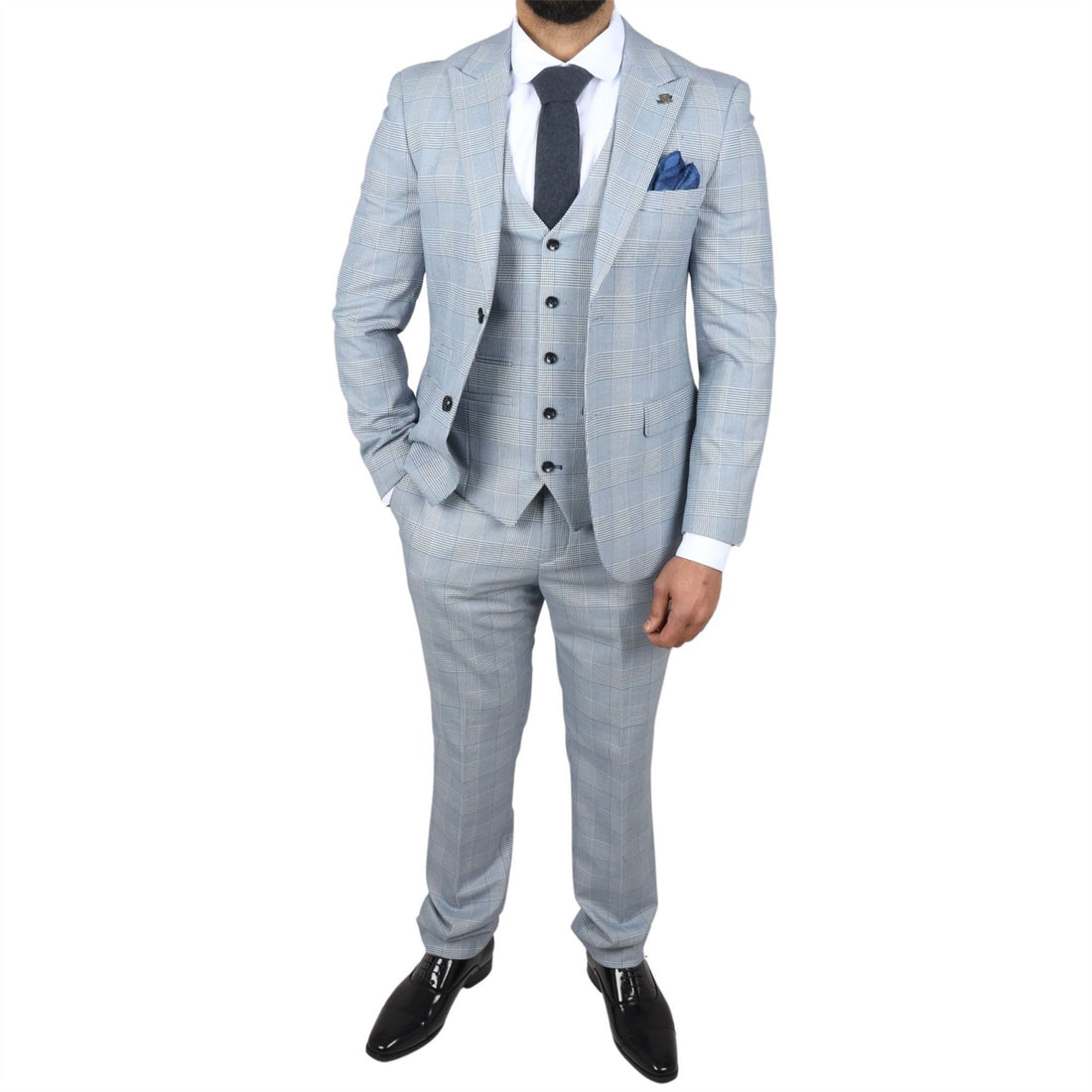 Men's Suit Blue 3 Piece Tweed Check Wedding Prom Tailored Fit