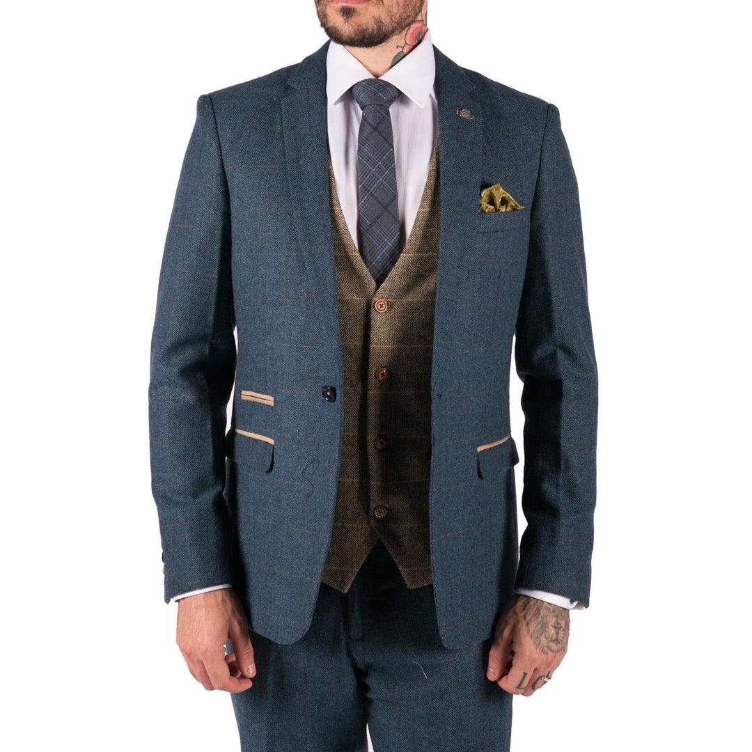 Mens Blue Tan Brown 3 Piece Herringbone Tweed Check Vintage Tailored Fit Suit - Knighthood Store