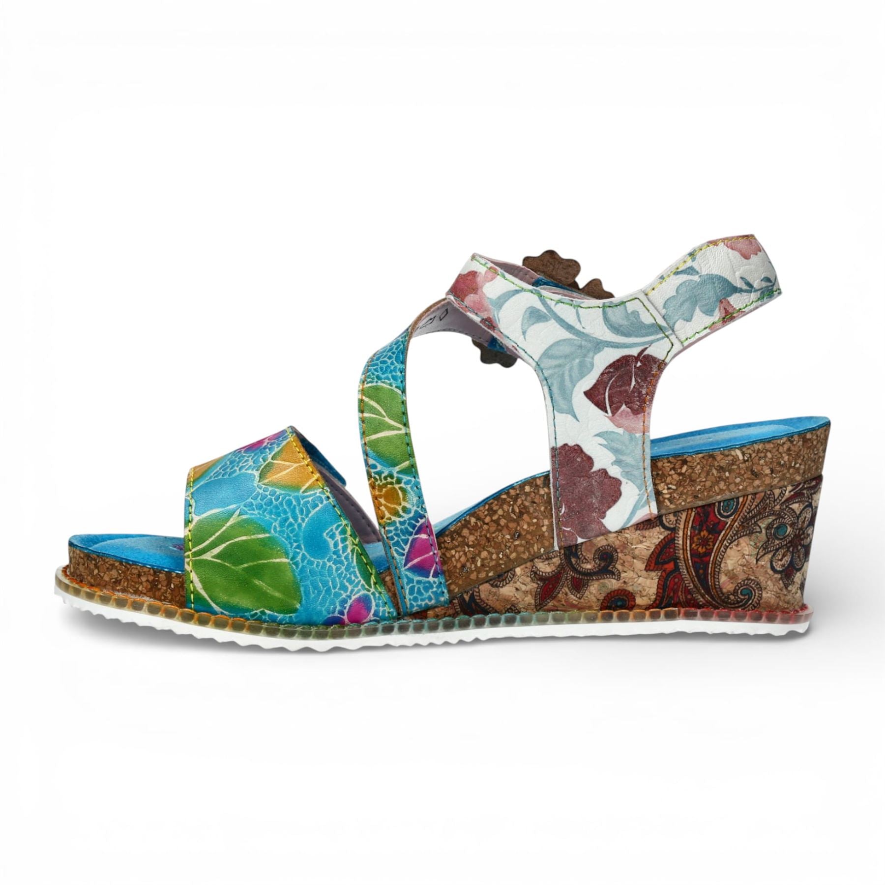 Bonito 32 - Women's Blue Floral Leather Wedge Sandals