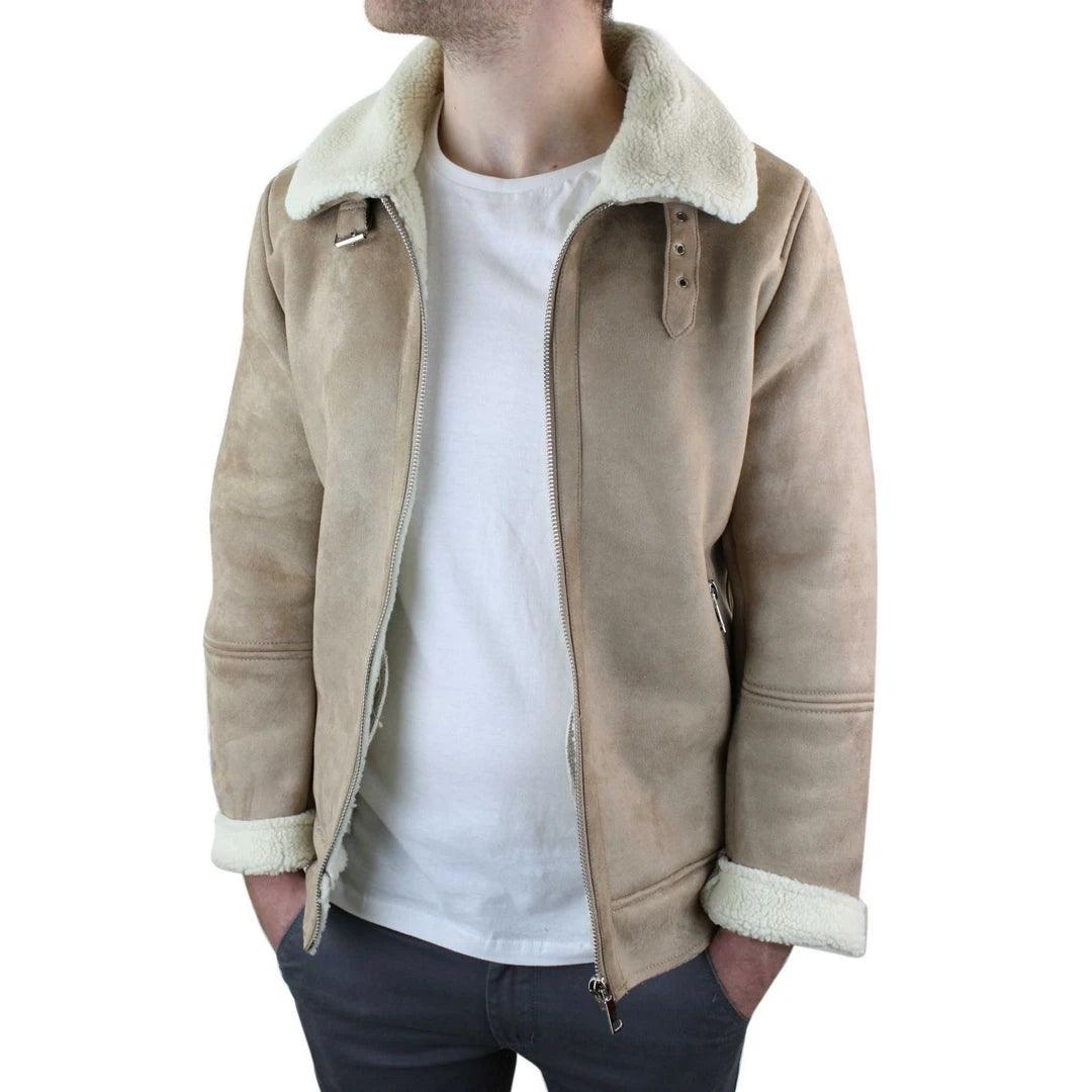 Mens Suede Sheepskin Faux Fur B3 Aviator Flying Jacket Cross Zip RAF Vintage - Knighthood Store