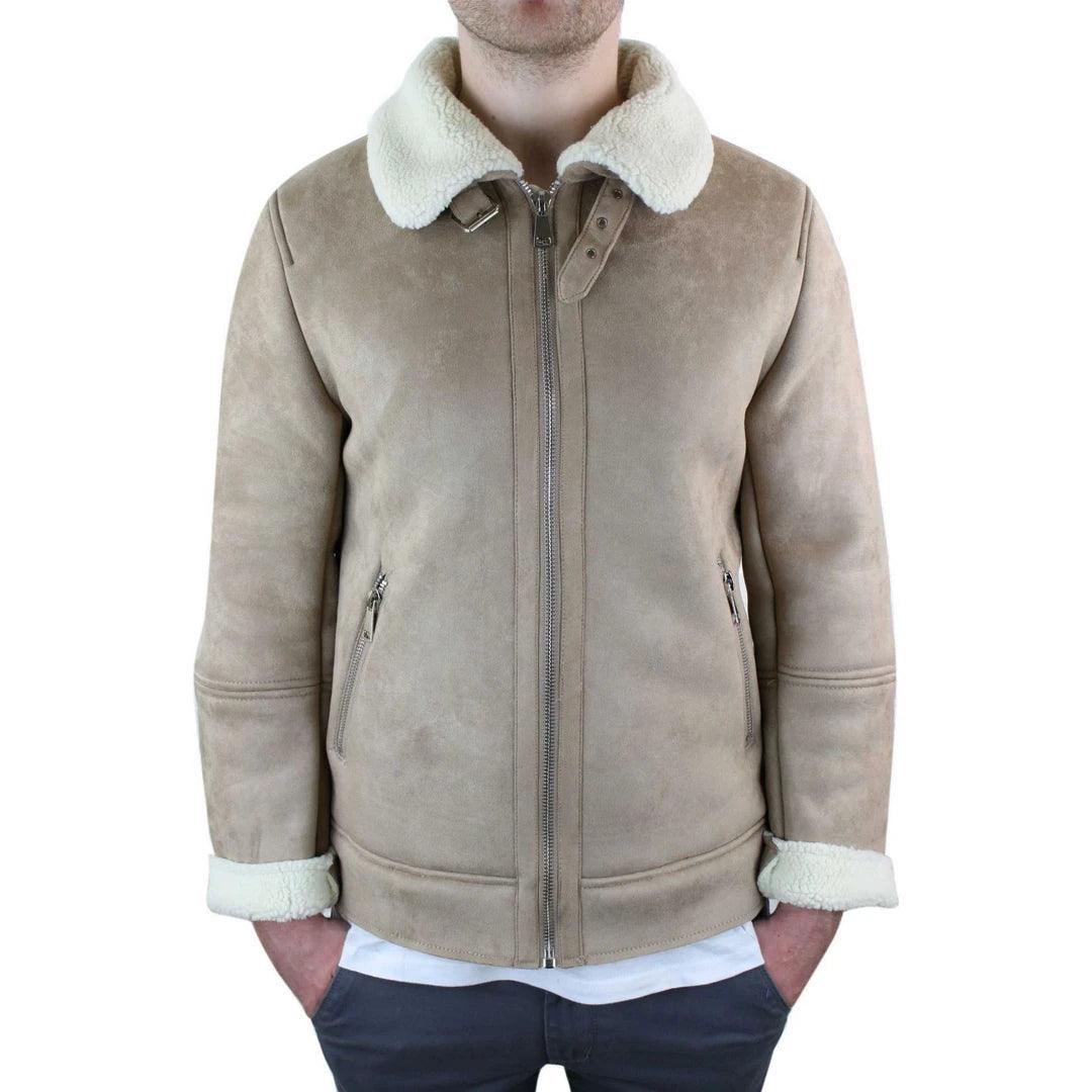 Mens Suede Sheepskin Faux Fur B3 Aviator Flying Jacket Cross Zip RAF Vintage - Knighthood Store