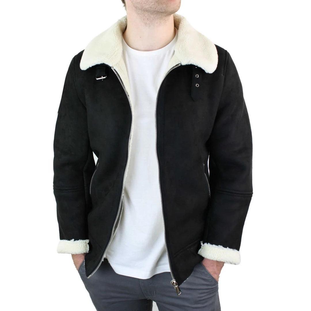 Mens Suede Sheepskin Faux Fur B3 Aviator Flying Jacket Cross Zip RAF Vintage - Knighthood Store