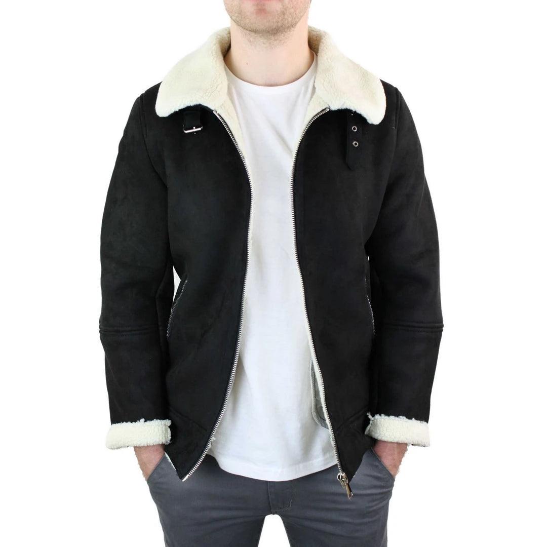 Mens Suede Sheepskin Faux Fur B3 Aviator Flying Jacket Cross Zip RAF Vintage - Knighthood Store