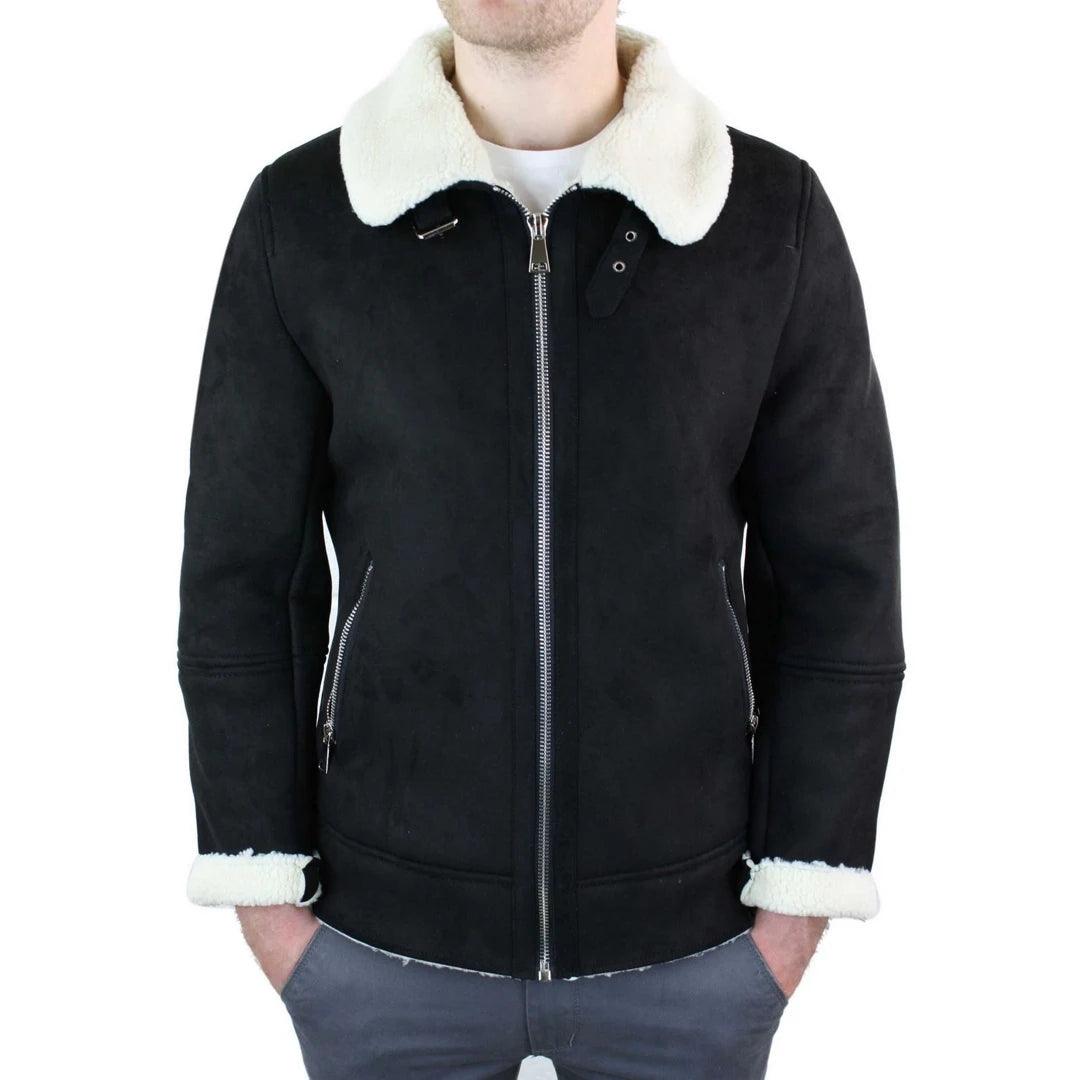 Mens Suede Sheepskin Faux Fur B3 Aviator Flying Jacket Cross Zip RAF Vintage - Knighthood Store