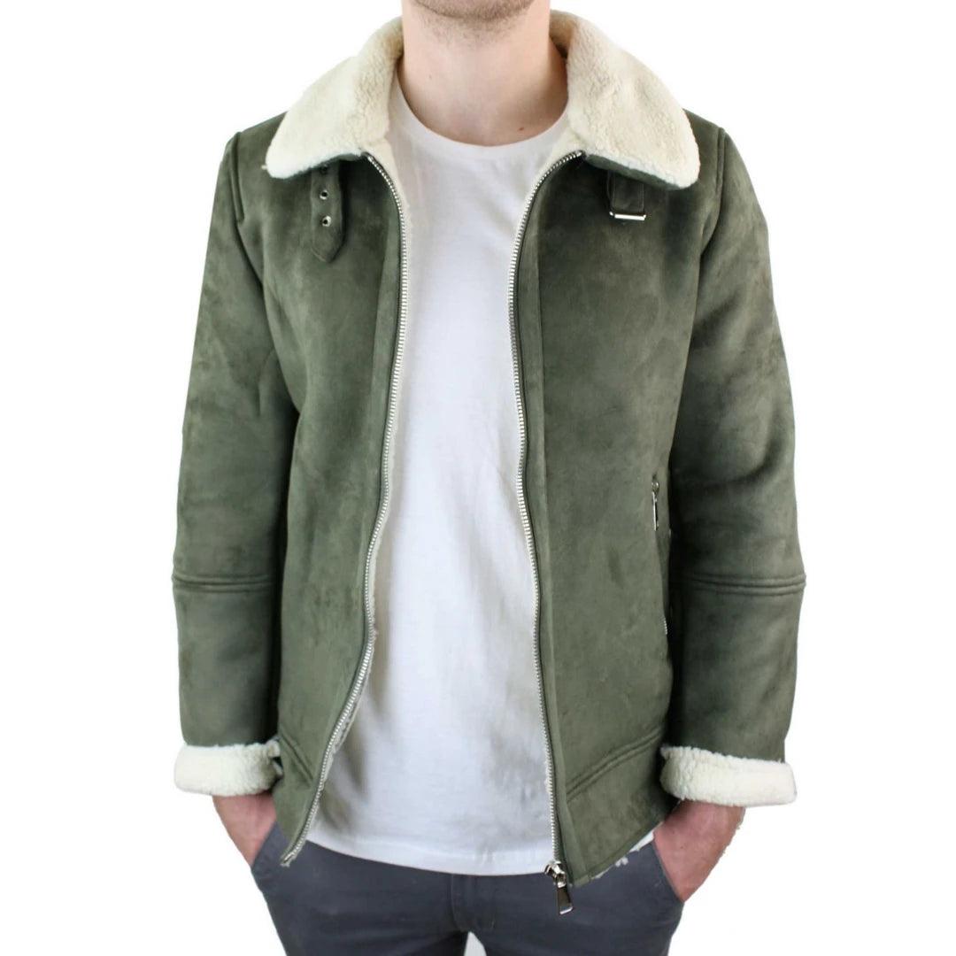 Mens Suede Sheepskin Faux Fur B3 Aviator Flying Jacket Cross Zip RAF Vintage - Knighthood Store